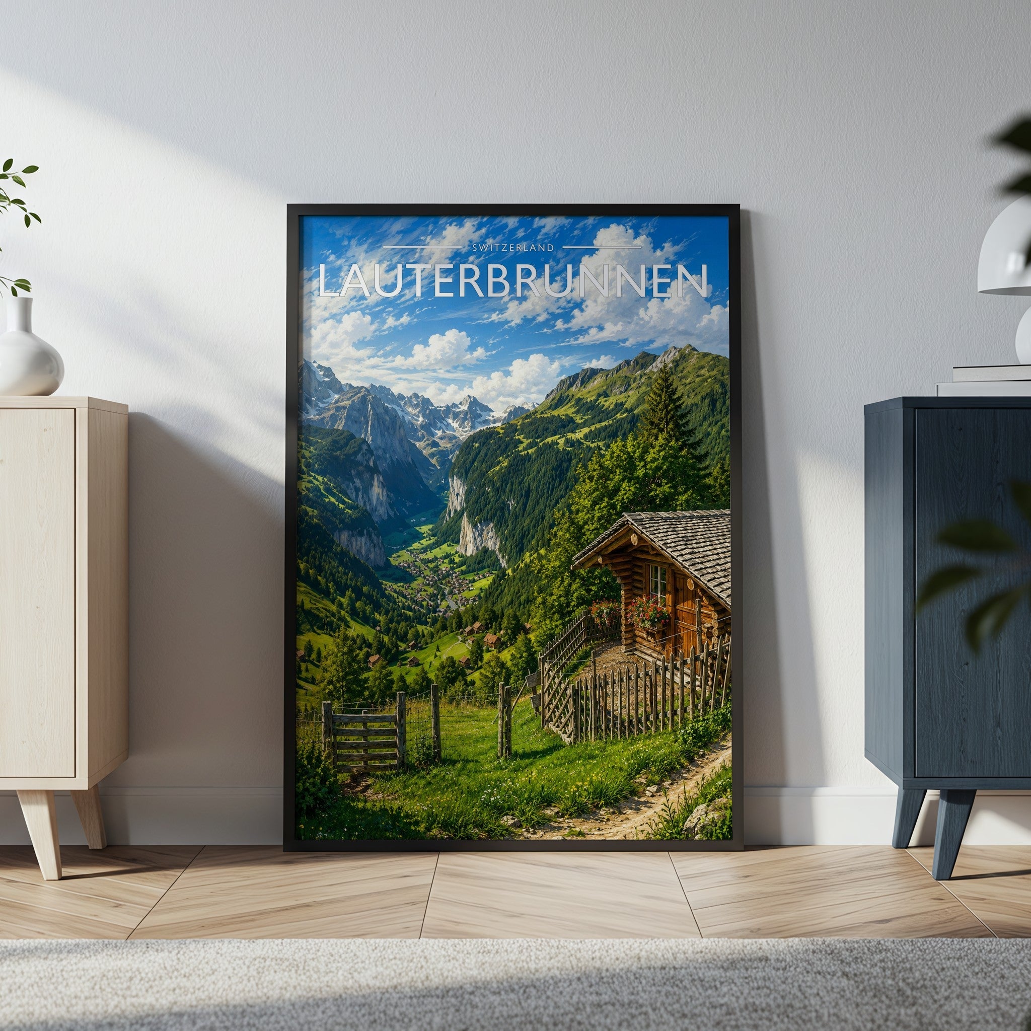 Lauterbrunnen Travel Poster in a black frame