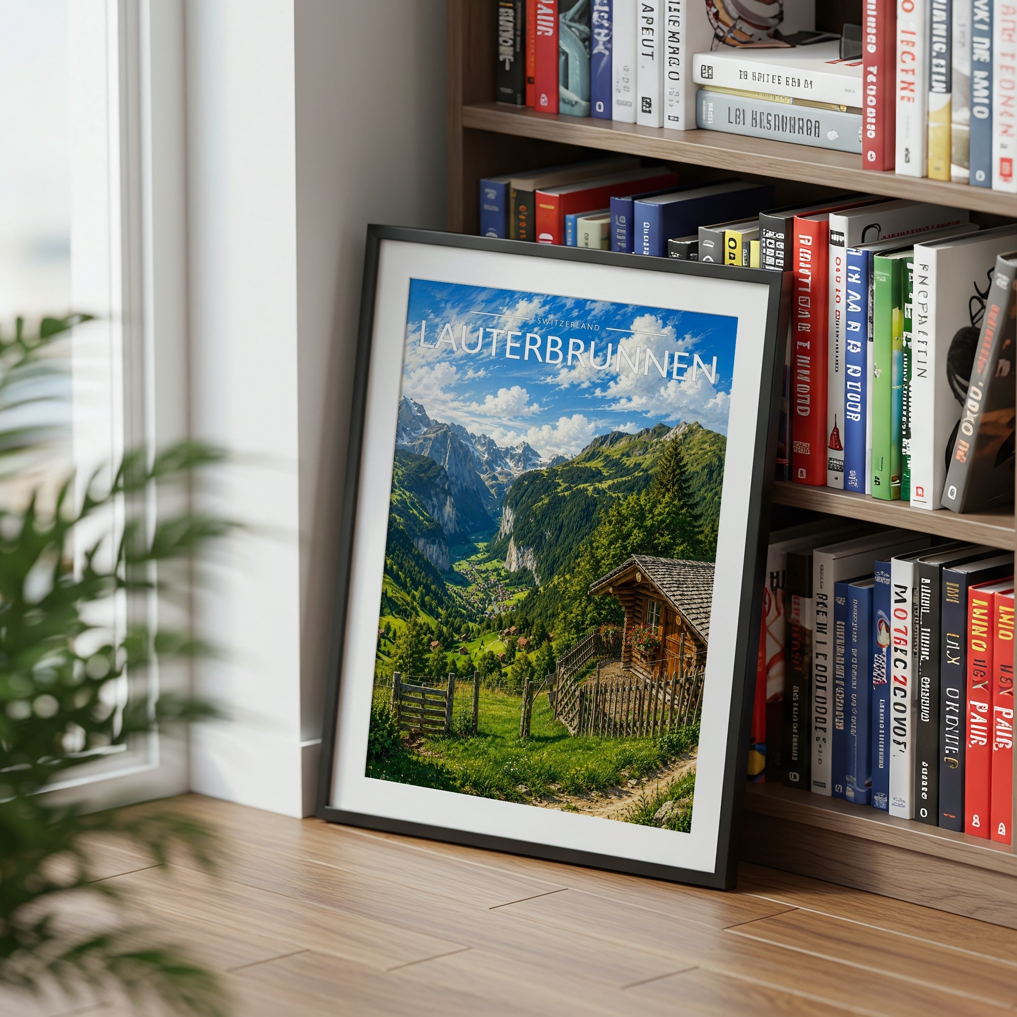 Lauterbrunnen Travel Poster mounted in a black frame