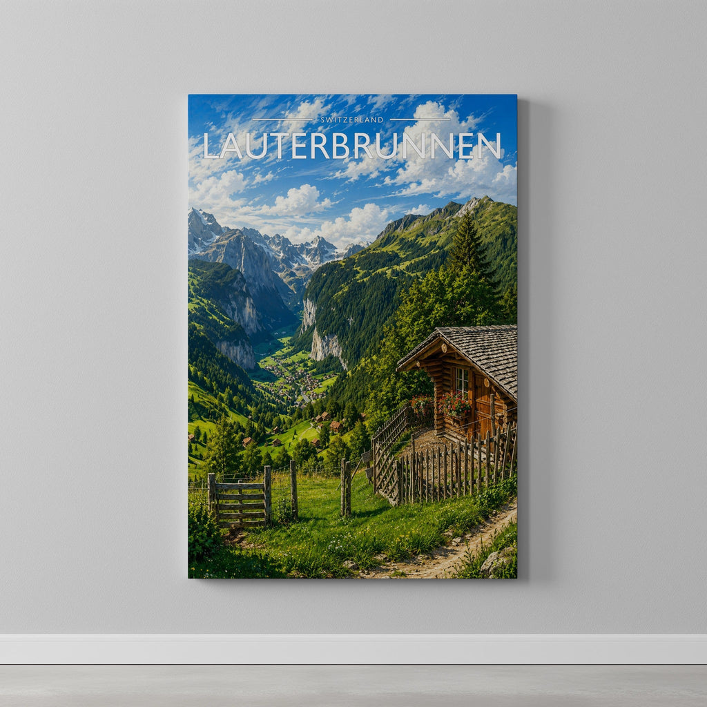 Lauterbrunnen Travel Poster as a gallery-wrapped canvas on a plain wall