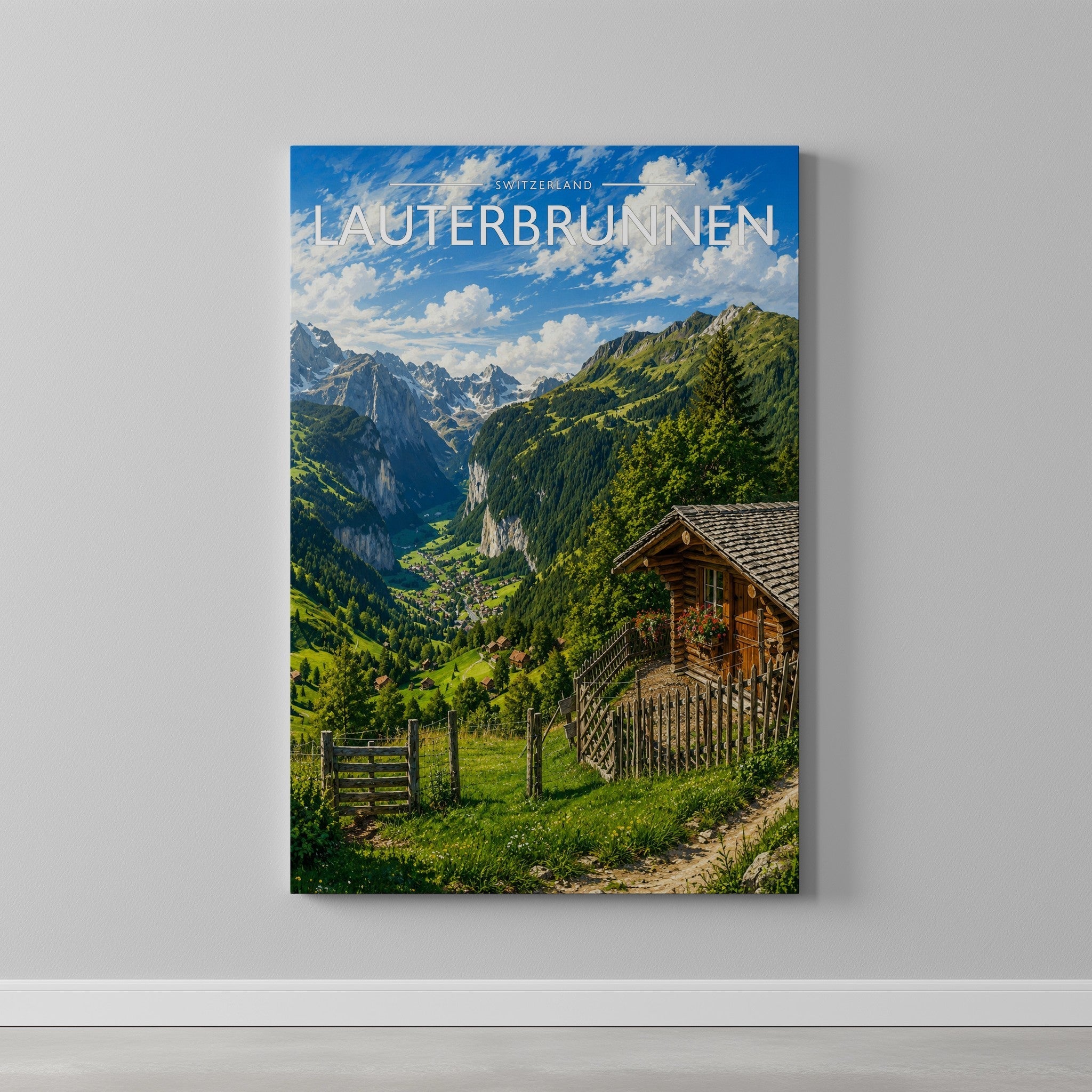 Lauterbrunnen Travel Poster as a gallery-wrapped canvas on a plain wall