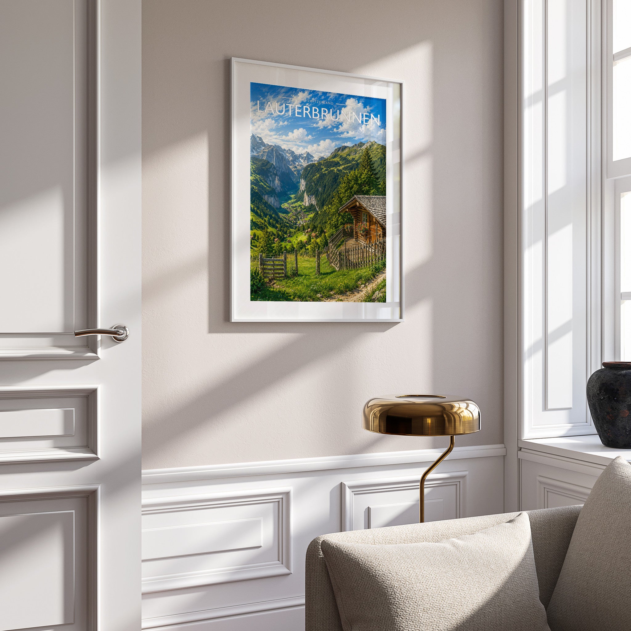 Lauterbrunnen Travel Poster in a white frame on a panelled wall