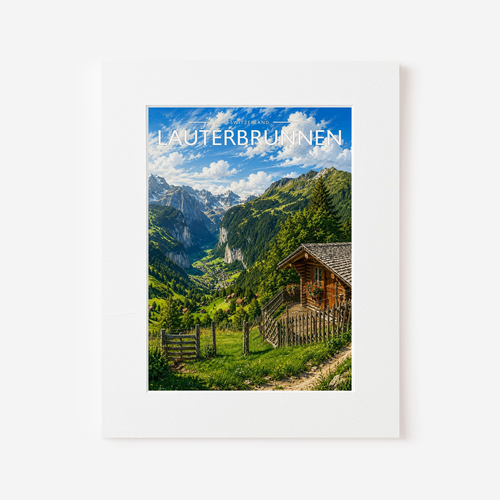 Lauterbrunnen Travel Poster in a white mount