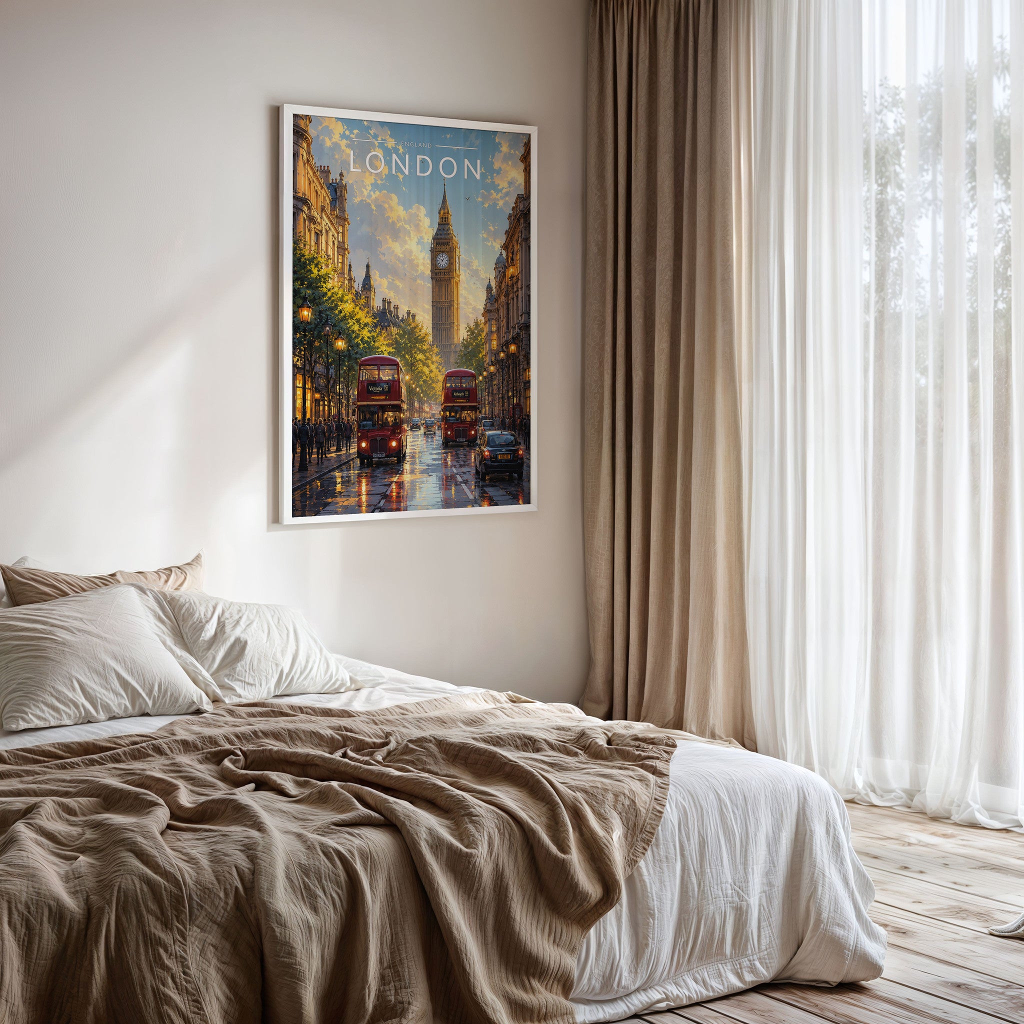 London #9 Travel Poster framed on a bedroom wall