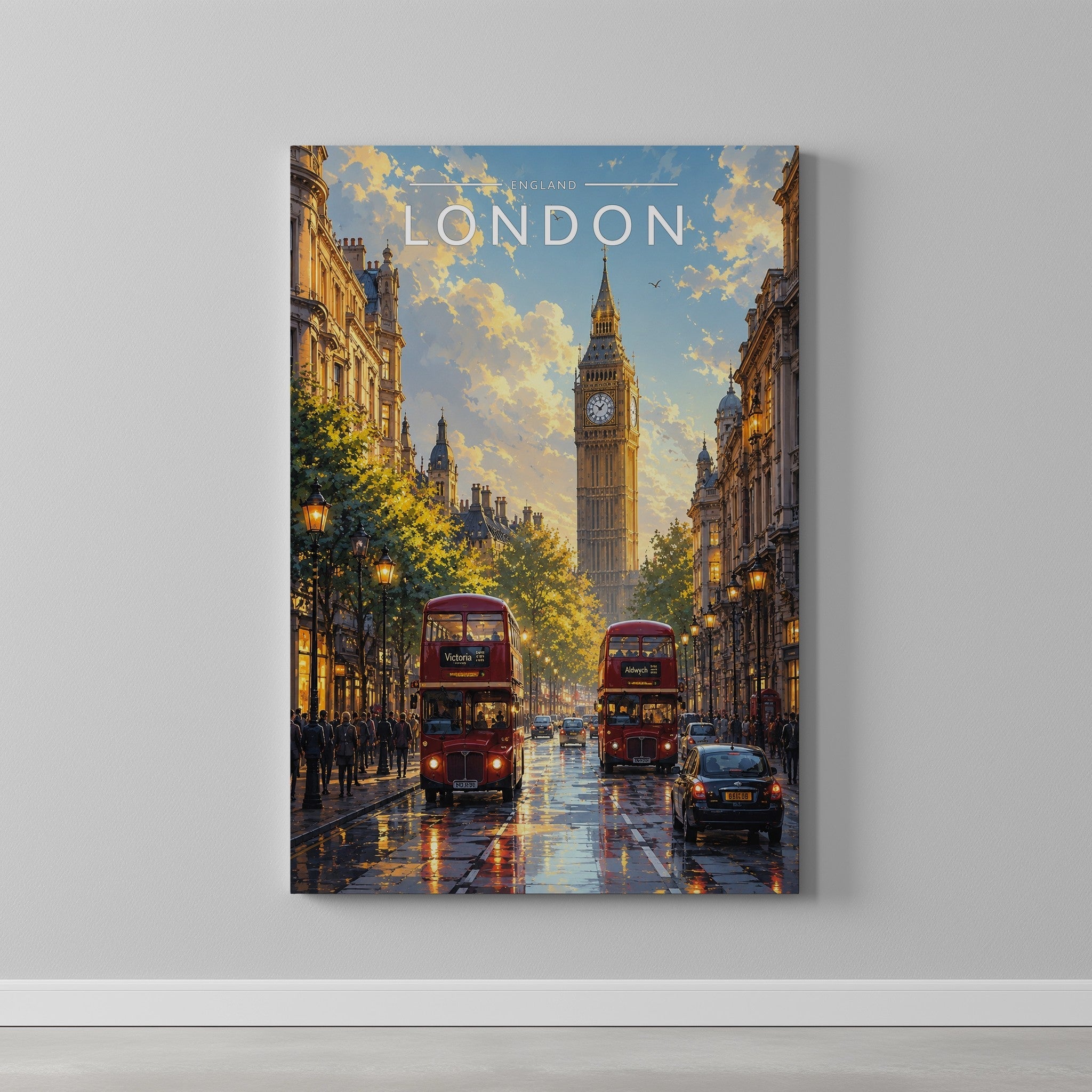 London #9 Travel Poster as a gallery-wrapped canvas on a plain wall