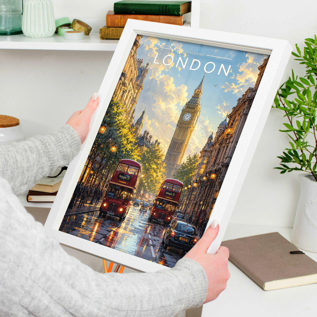 London #9 Travel Poster in a white frame, held to show scale
