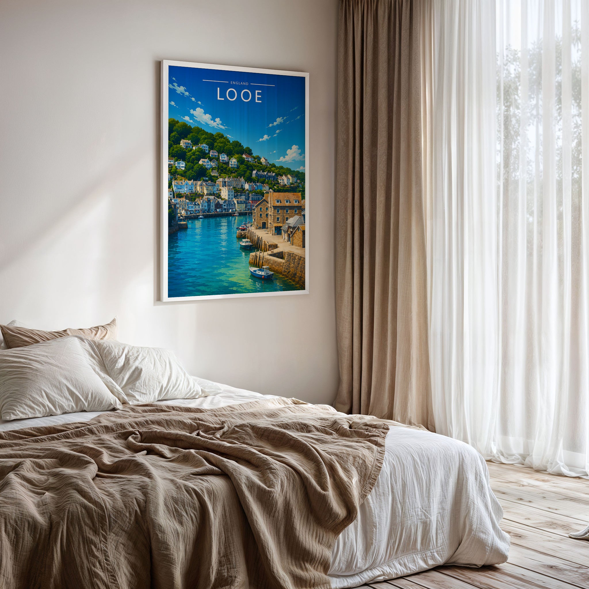 Looe Travel Poster framed on a bedroom wall