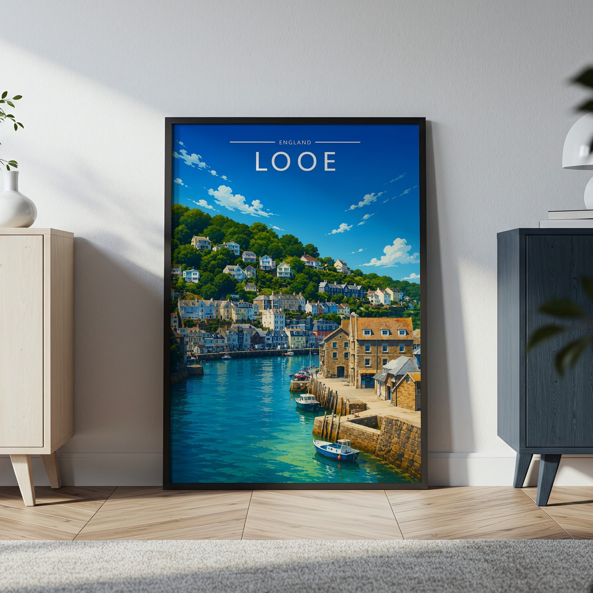 Looe Travel Poster in a black frame