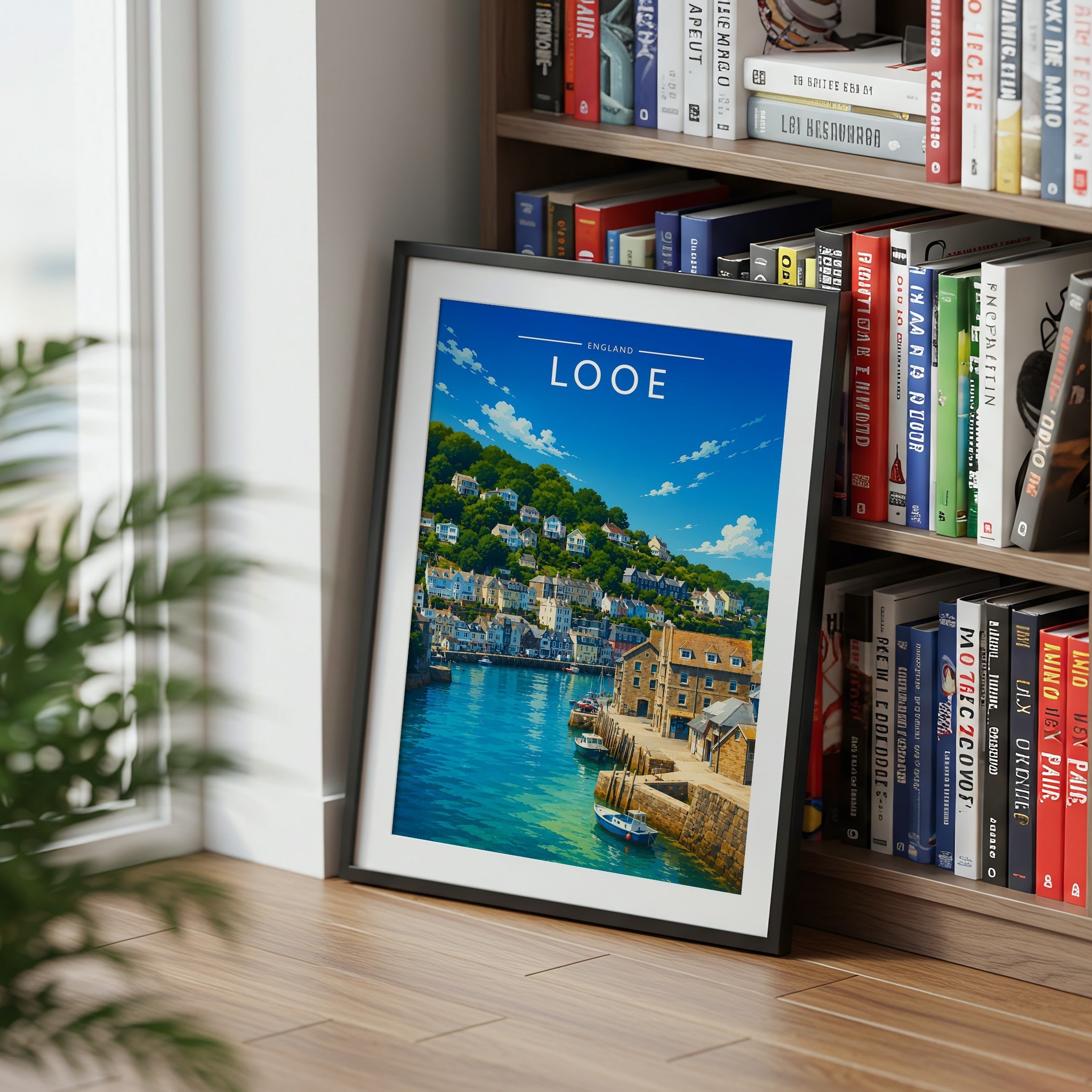 Looe Travel Poster mounted in a black frame