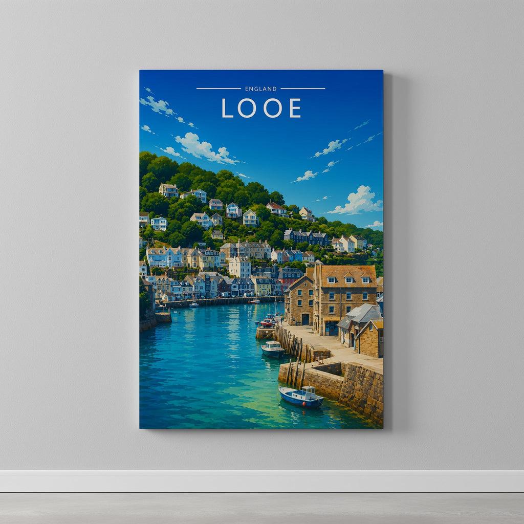 Looe Travel Poster as a gallery-wrapped canvas on a plain wall