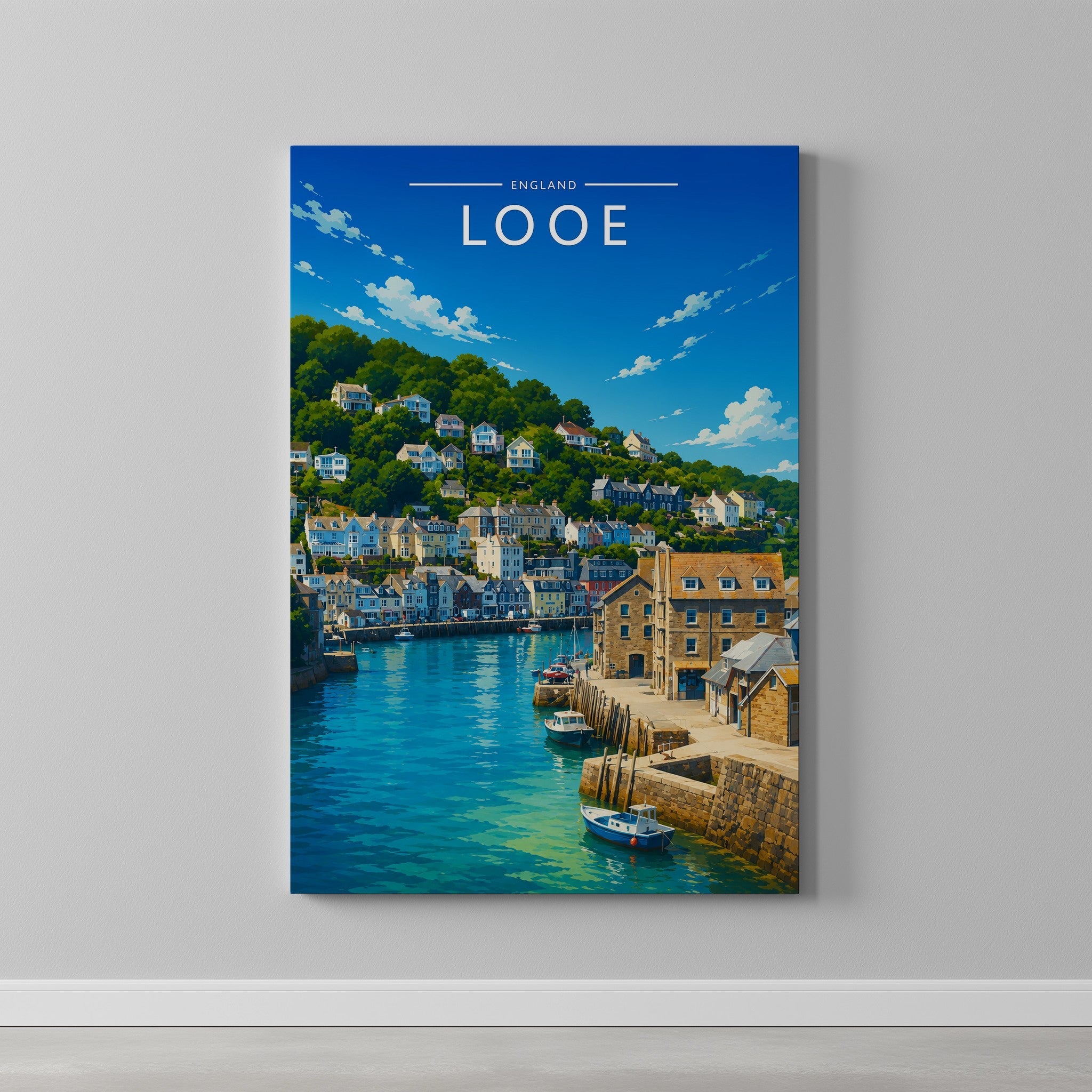 Looe Travel Poster as a gallery-wrapped canvas on a plain wall