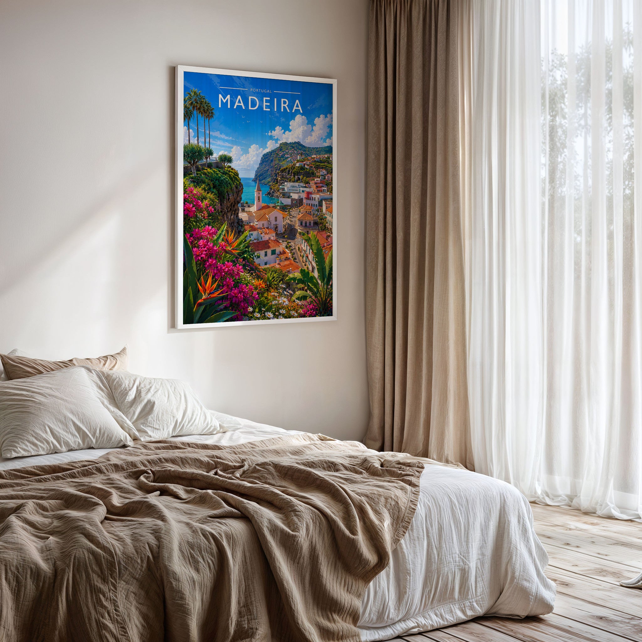 Madeira Travel Poster framed on a bedroom wall