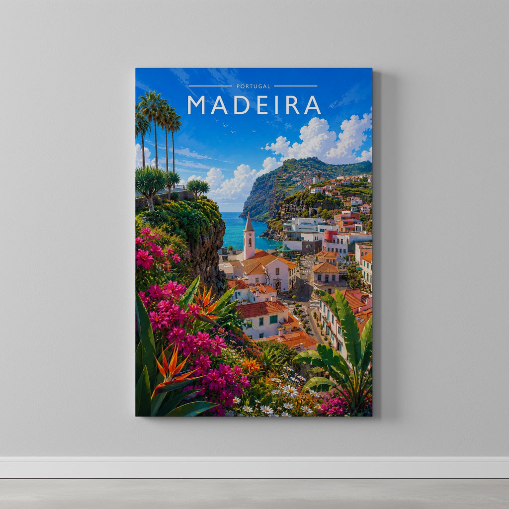 Madeira Travel Poster as a gallery-wrapped canvas on a plain wall