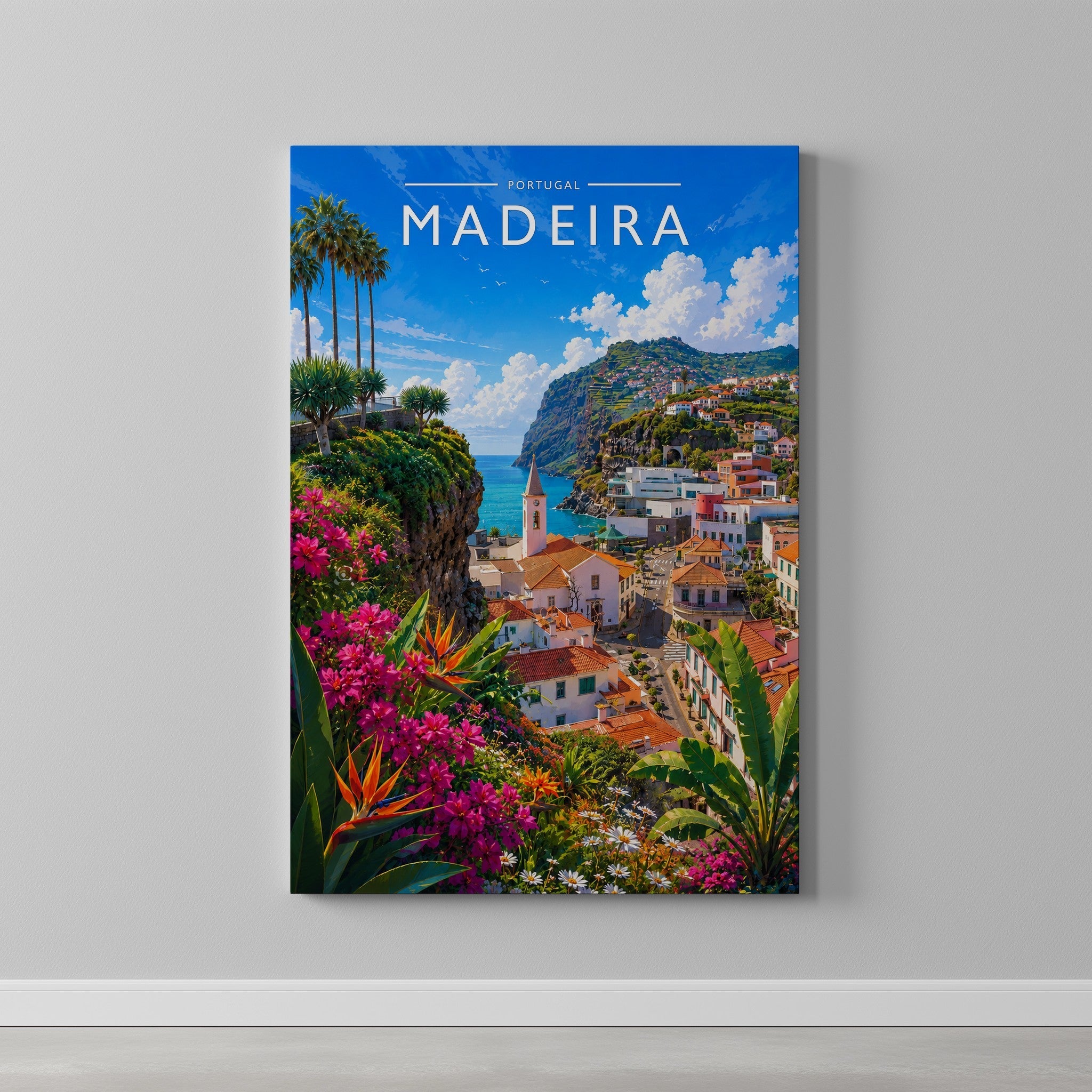 Madeira Travel Poster as a gallery-wrapped canvas on a plain wall