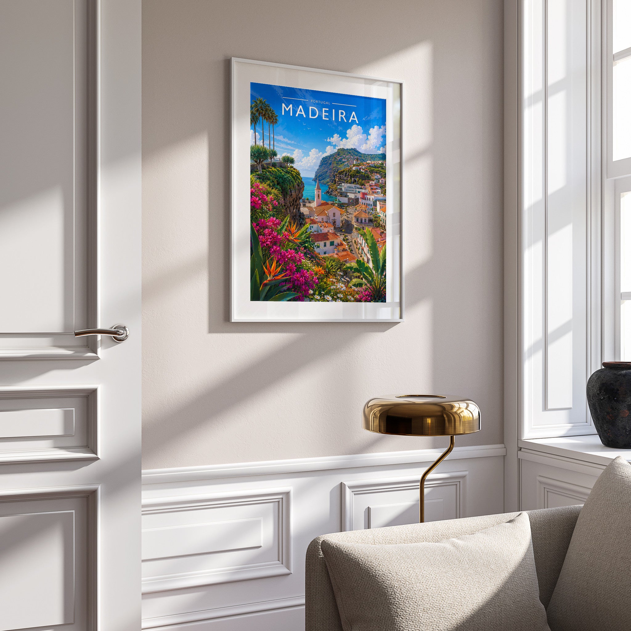 Madeira Travel Poster in a white frame on a panelled wall