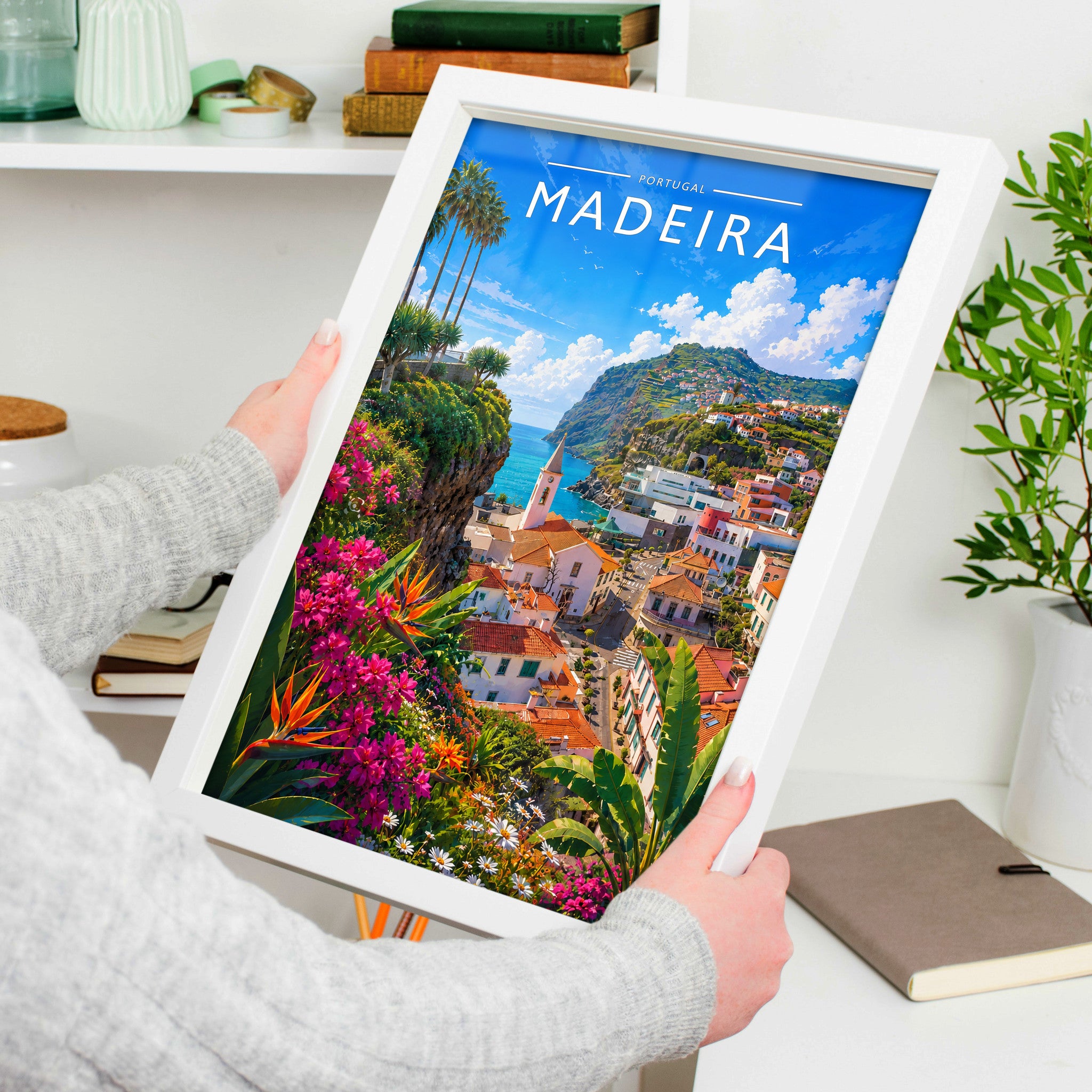 Madeira Travel Poster in a white frame, held to show scale
