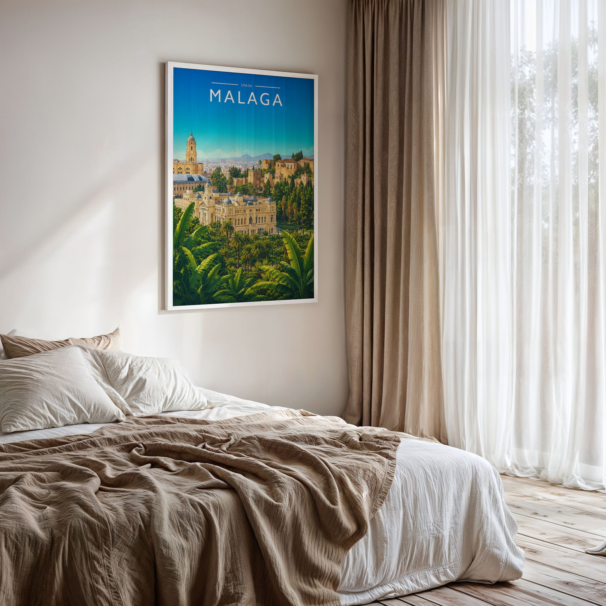 Malaga #3 Travel Poster framed on a bedroom wall