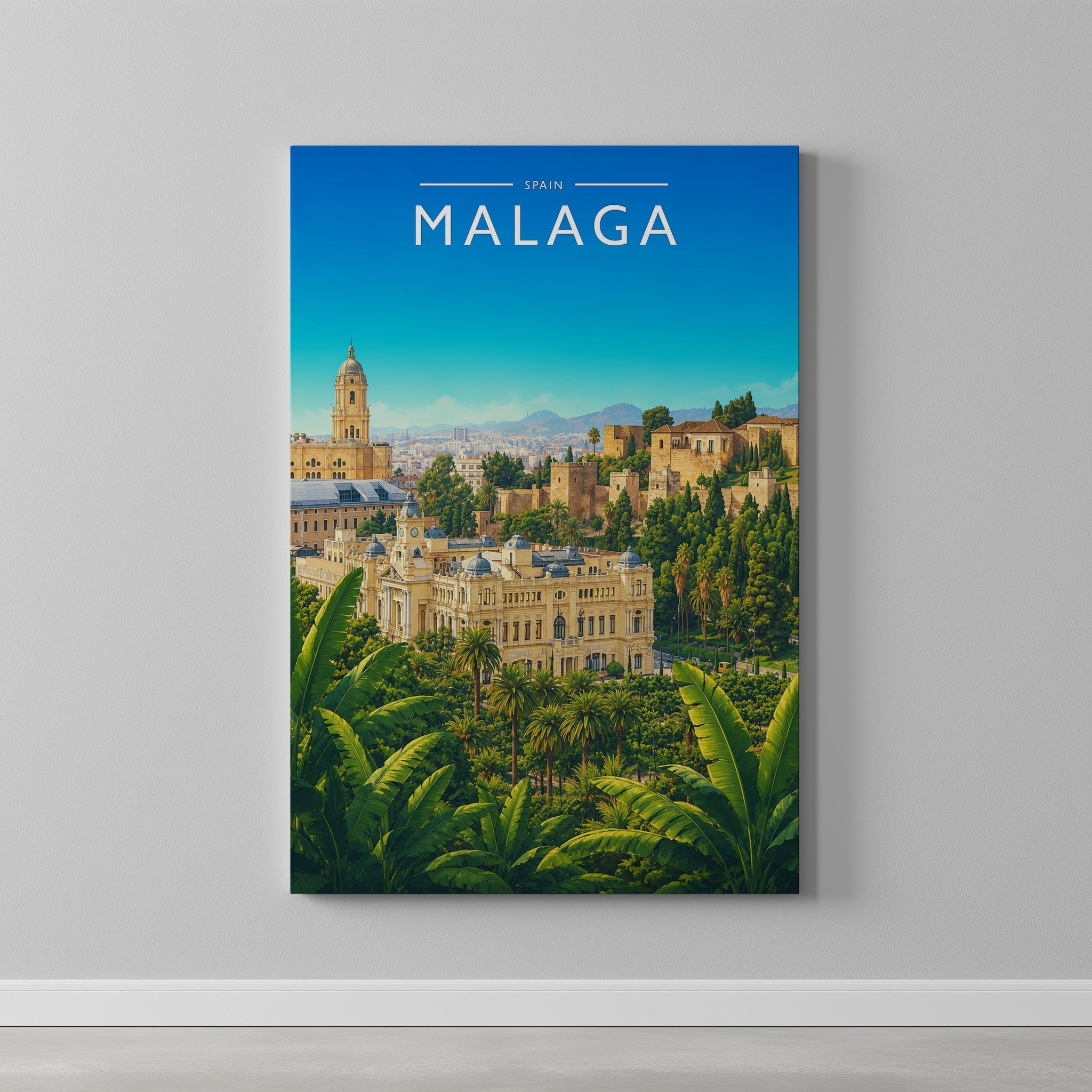 Malaga #3 Travel Poster as a gallery-wrapped canvas on a plain wall