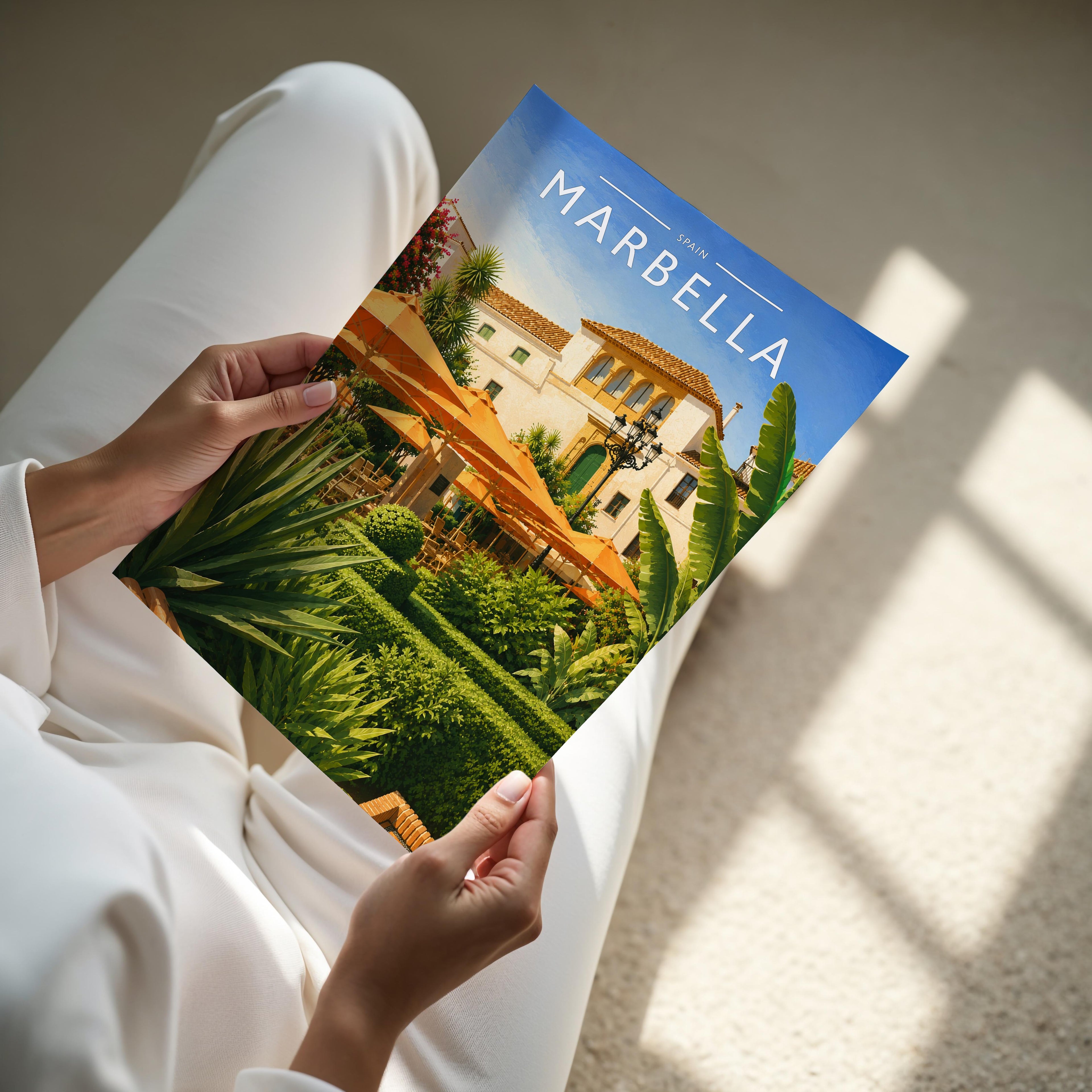 Marbella #3 Travel Poster - A4 print held in hand