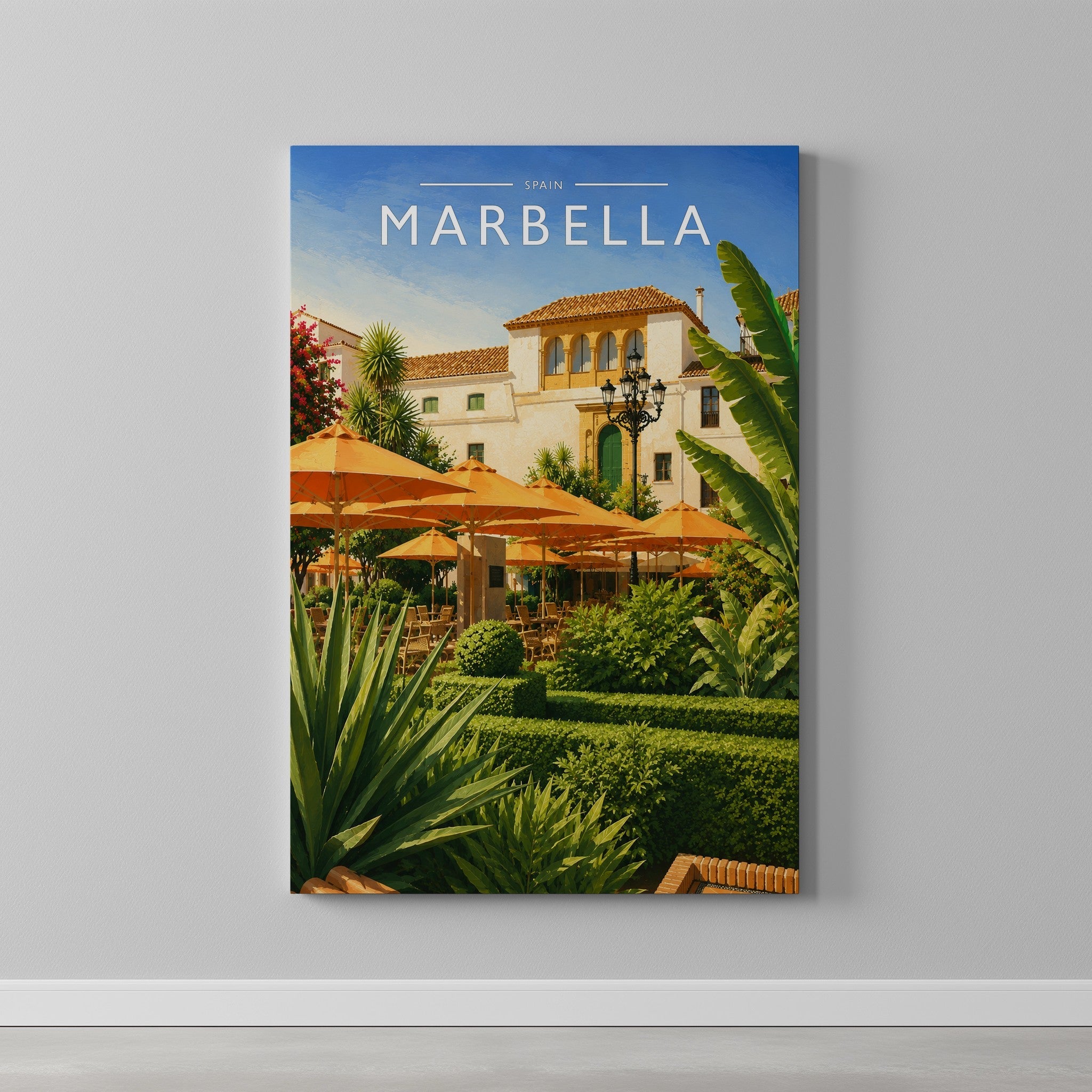 Marbella #3 Travel Poster as a gallery-wrapped canvas on a plain wall