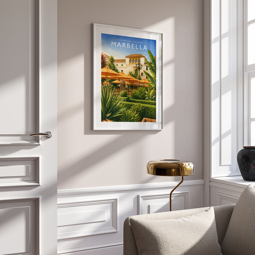 Marbella #3 Travel Poster in a white frame on a panelled wall
