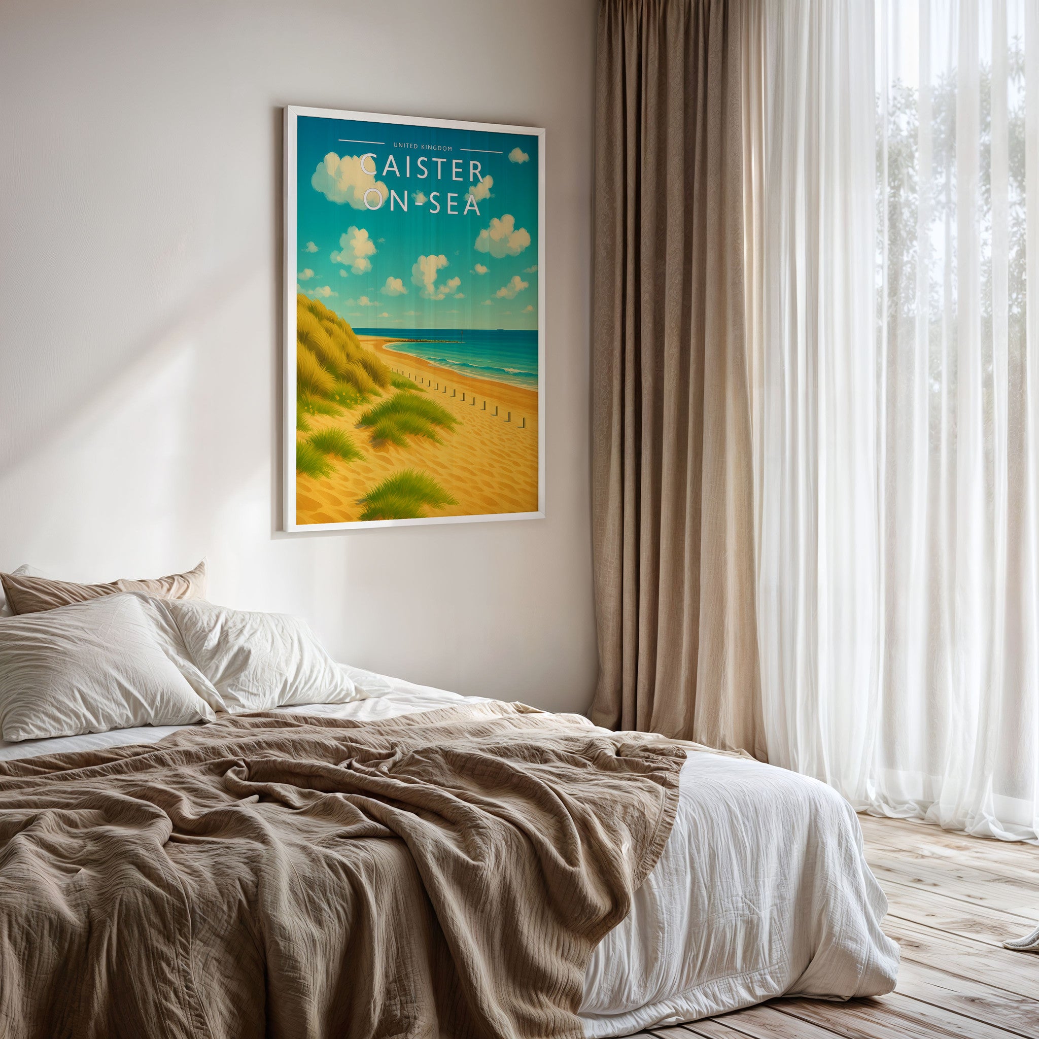 Caister-on-Sea Travel Poster framed on a bedroom wall