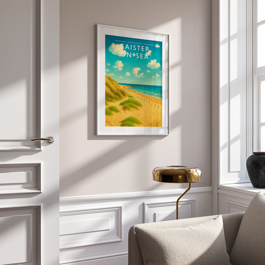 Caister-on-Sea Travel Poster in a white frame on a panelled wall