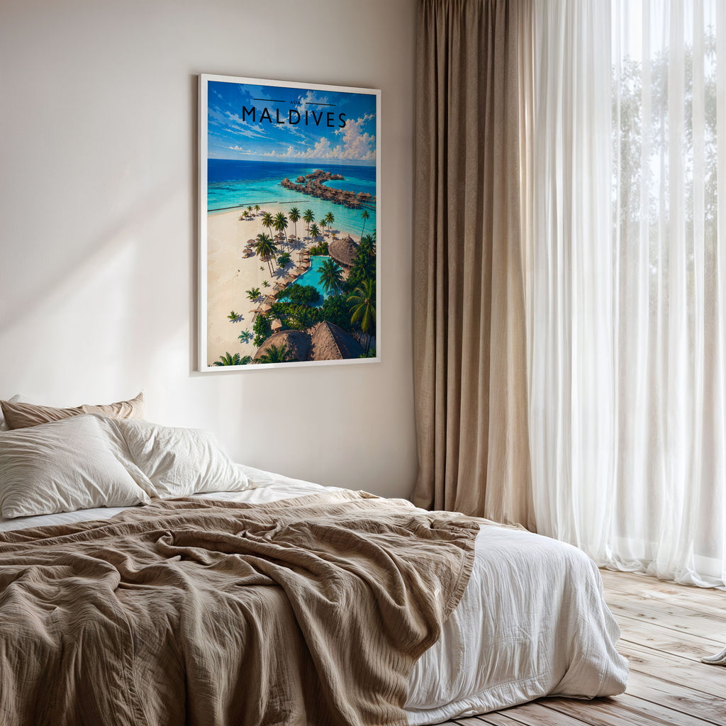 Maldives Travel Poster framed on a bedroom wall