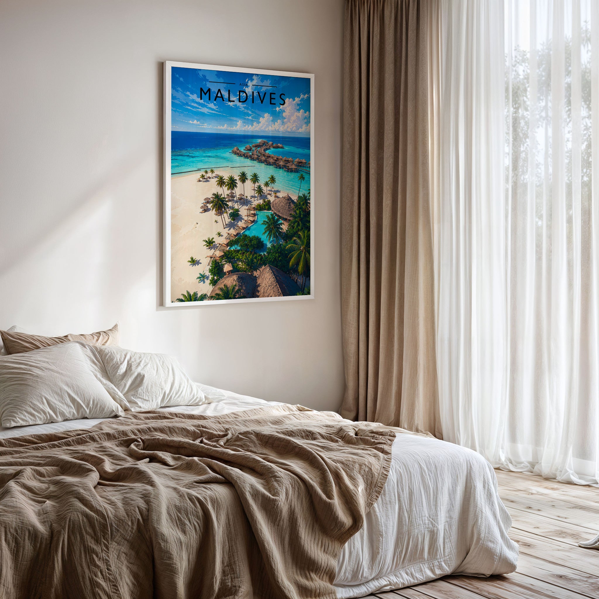 Maldives Travel Poster framed on a bedroom wall