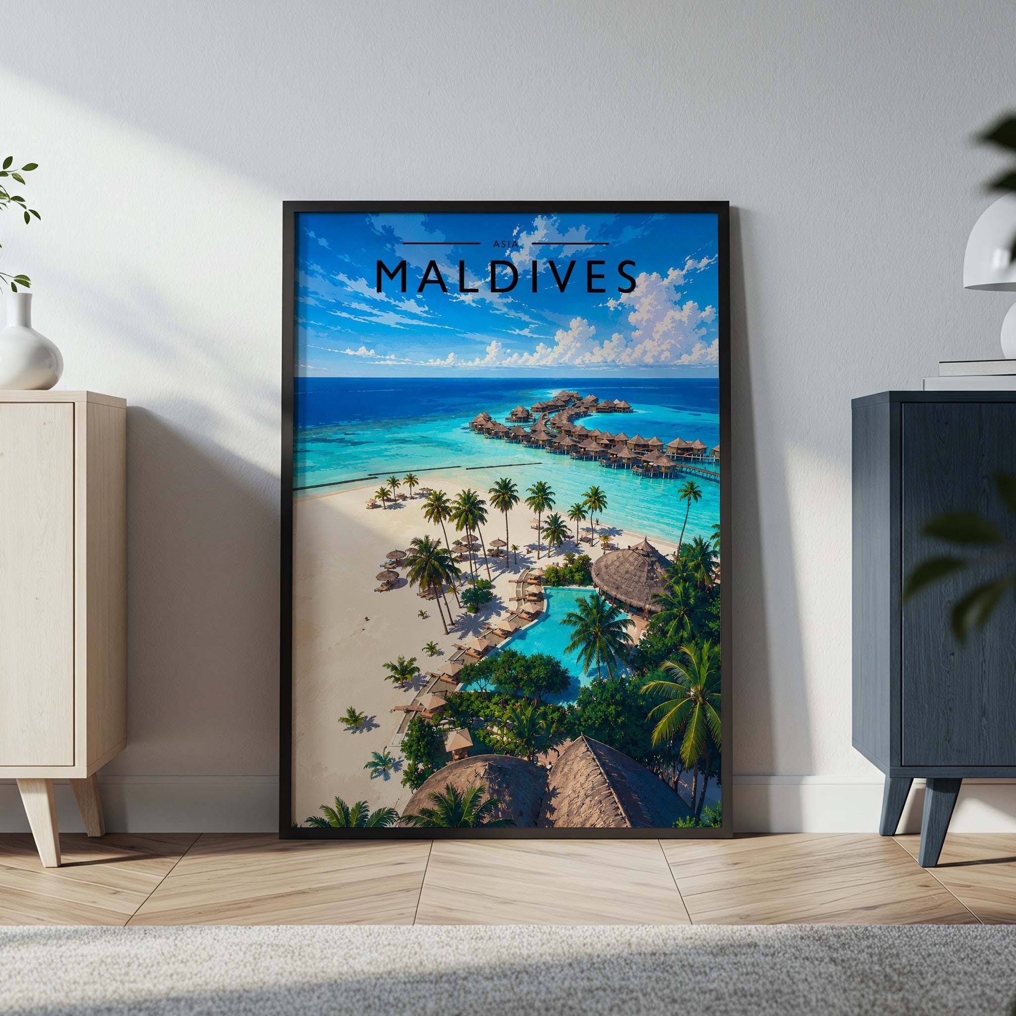 Maldives Travel Poster in a black frame