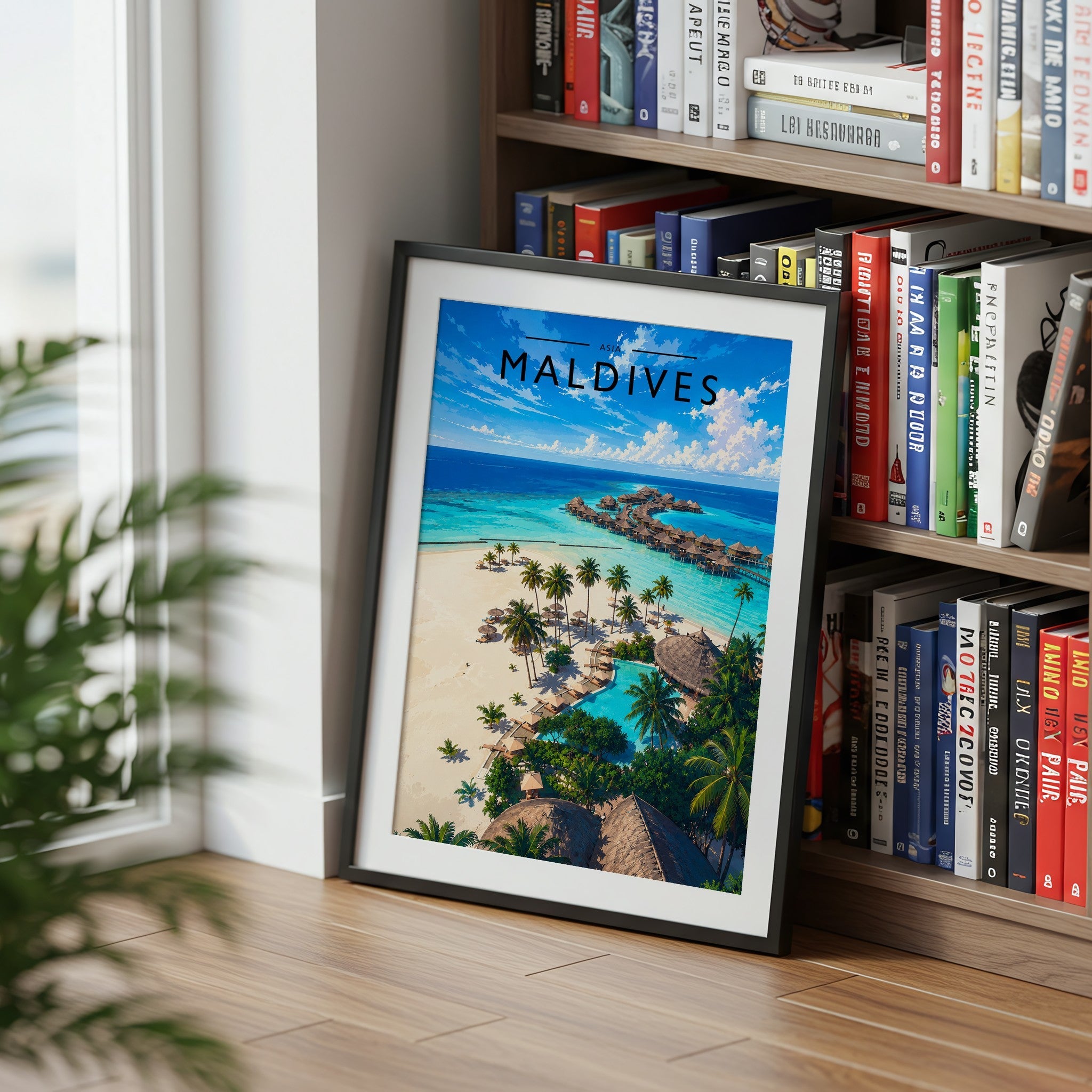 Maldives Travel Poster mounted in a black frame
