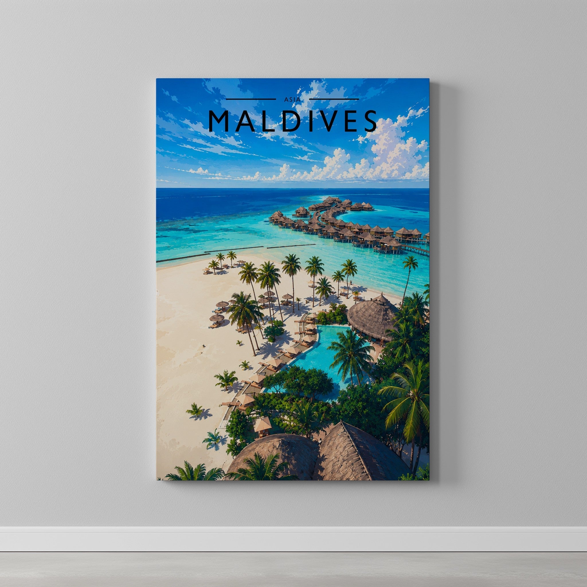 Maldives Travel Poster as a gallery-wrapped canvas on a plain wall