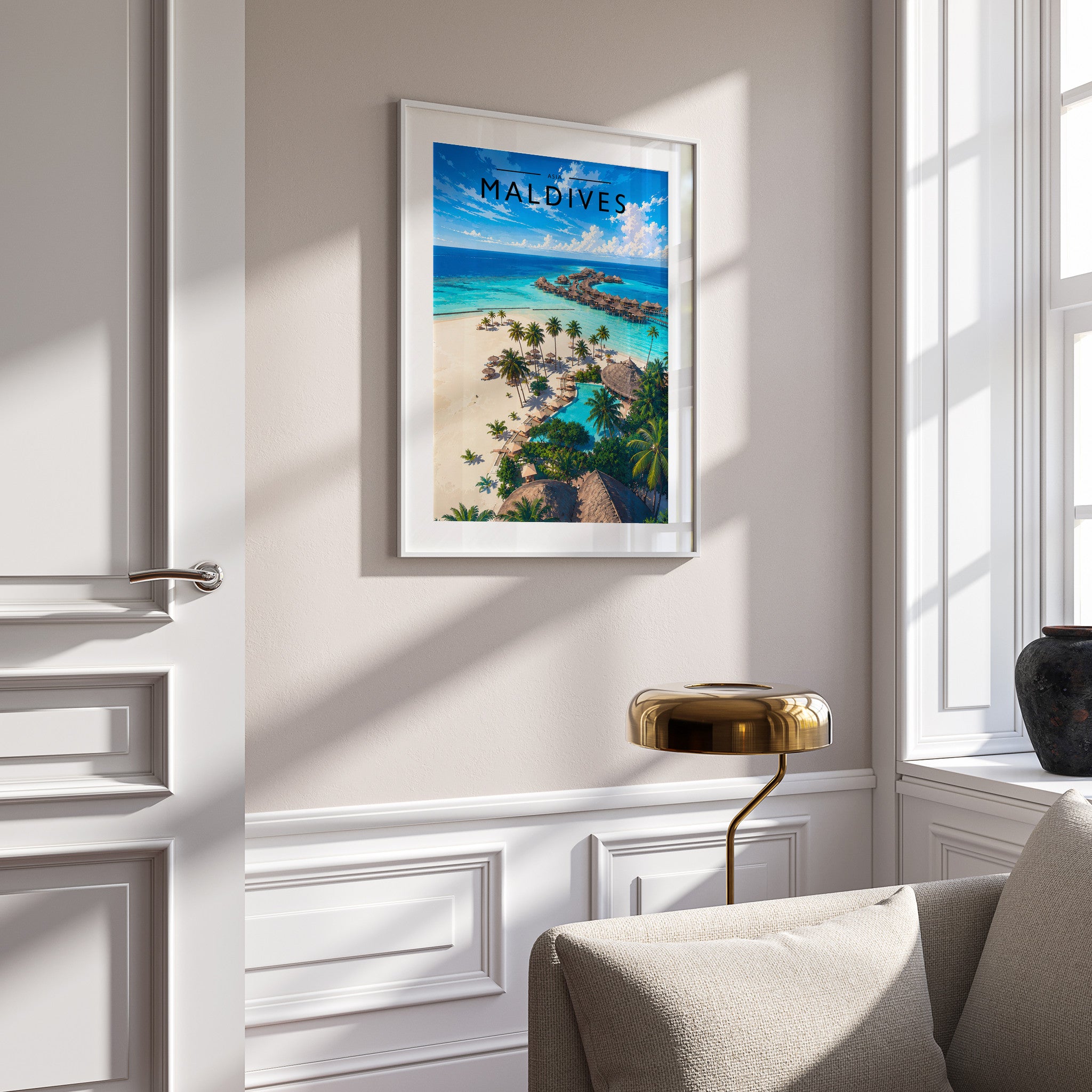Maldives Travel Poster in a white frame on a panelled wall