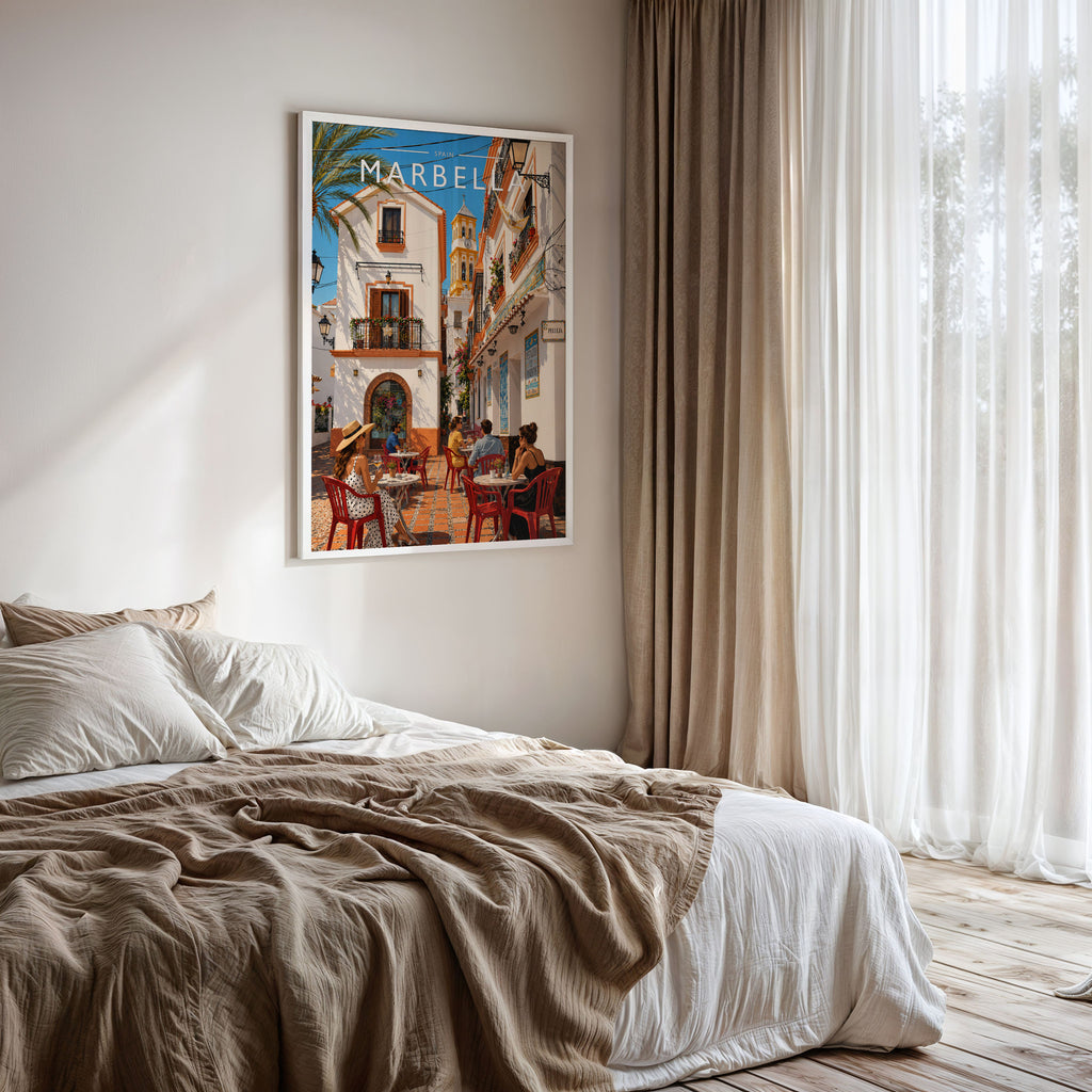 Marbella #4 Travel Poster framed on a bedroom wall