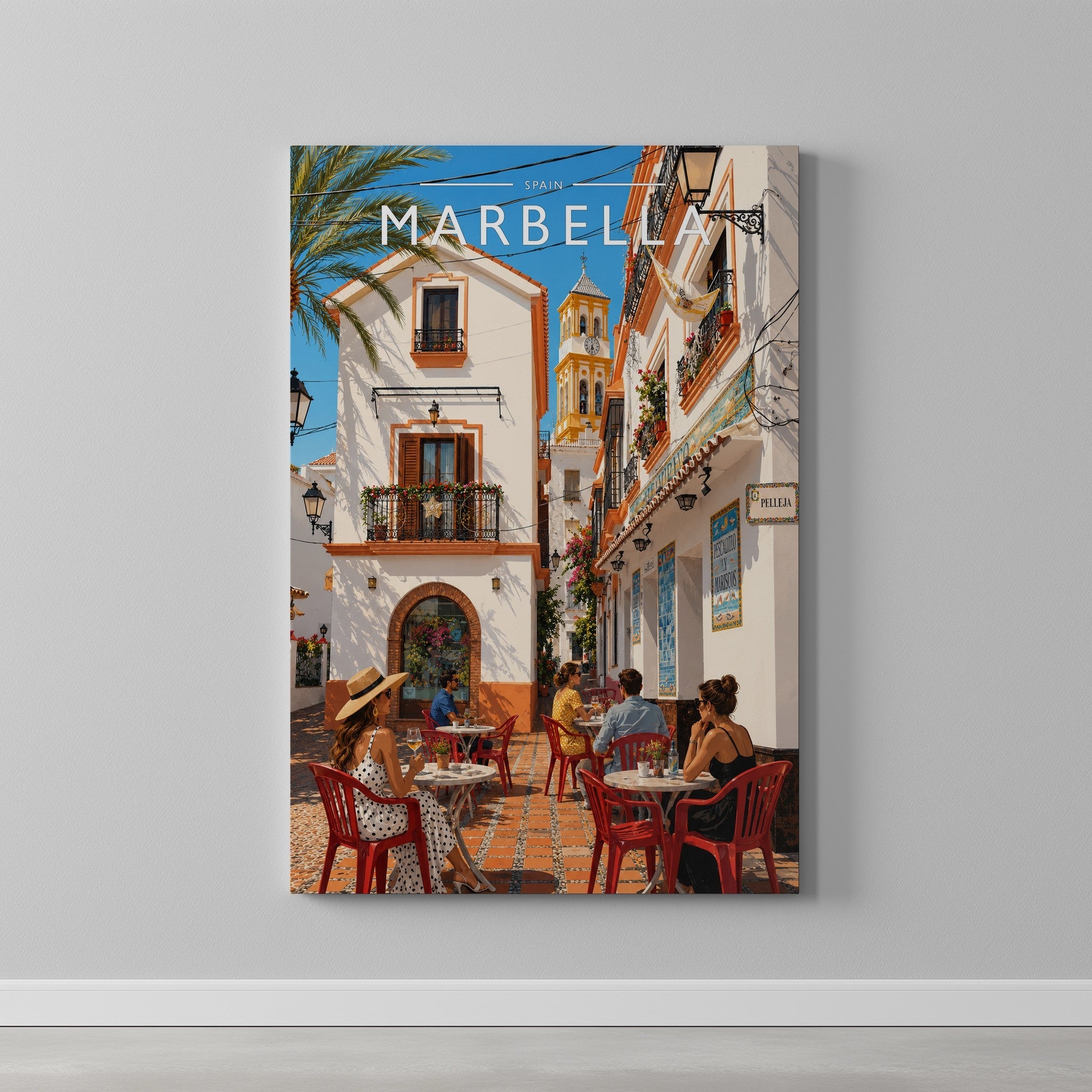 Marbella #4 Travel Poster as a gallery-wrapped canvas on a plain wall