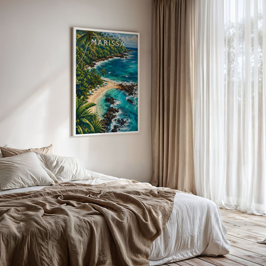 Marissa Travel Poster framed on a bedroom wall
