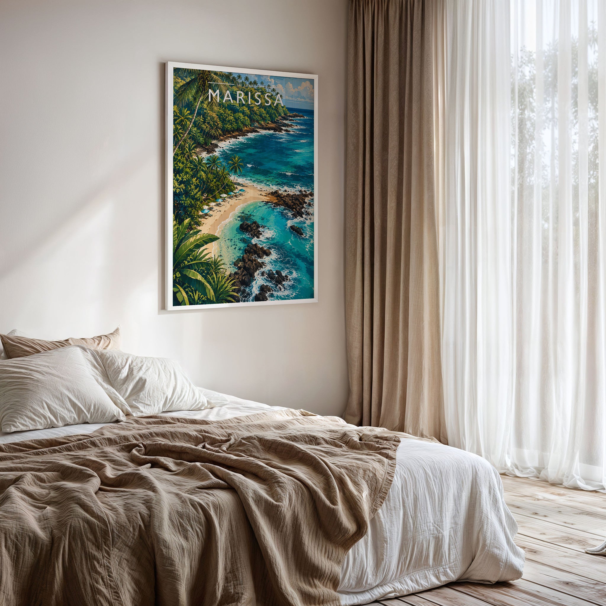 Marissa Travel Poster framed on a bedroom wall