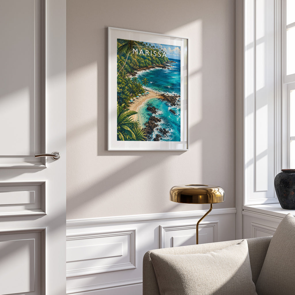 Marissa Travel Poster in a white frame on a panelled wall