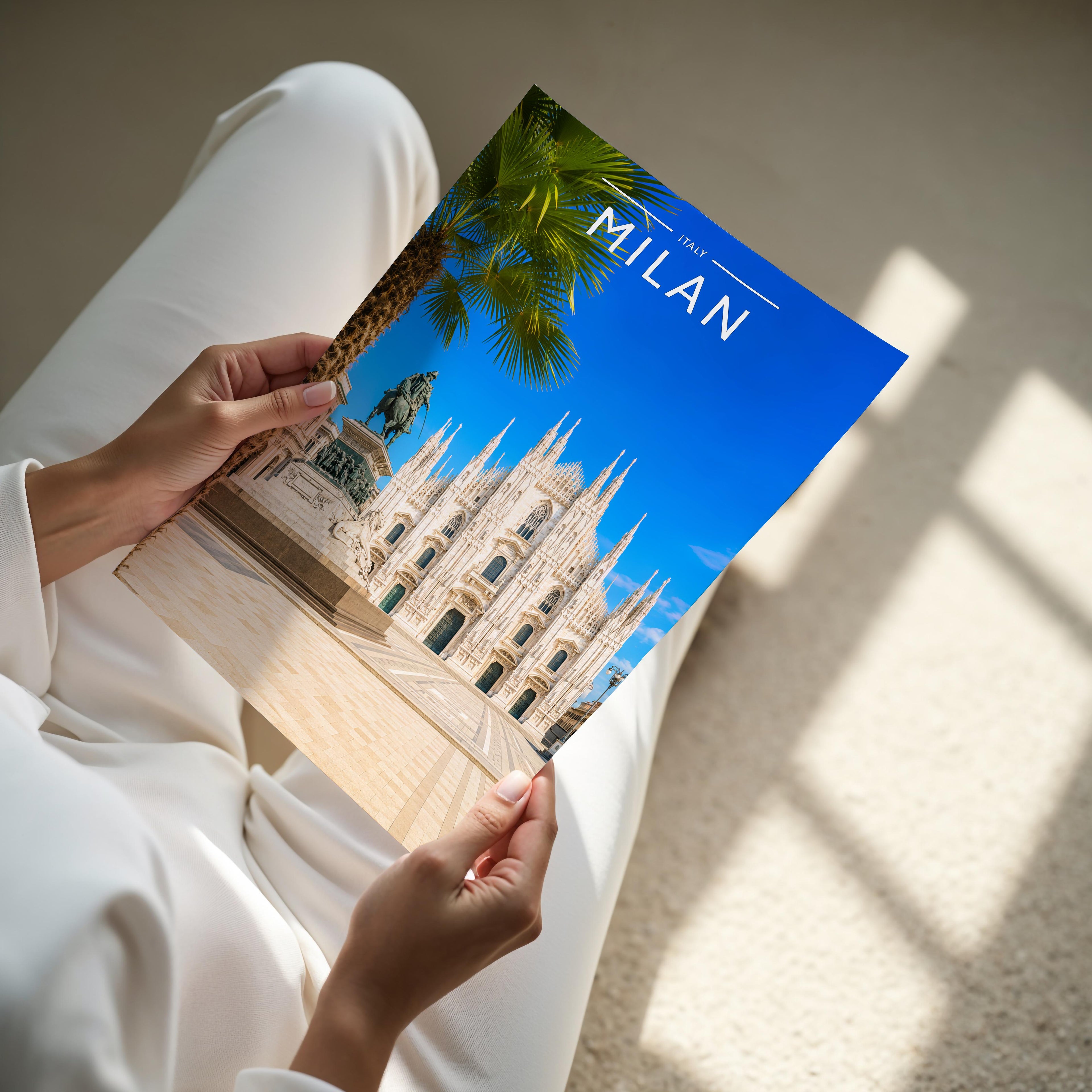 Milan Travel Poster - A4 print held in hand