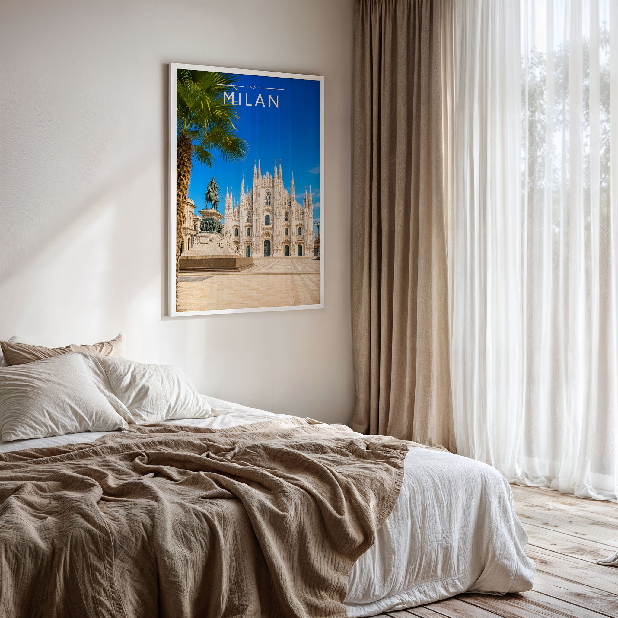 Milan Travel Poster framed on a bedroom wall