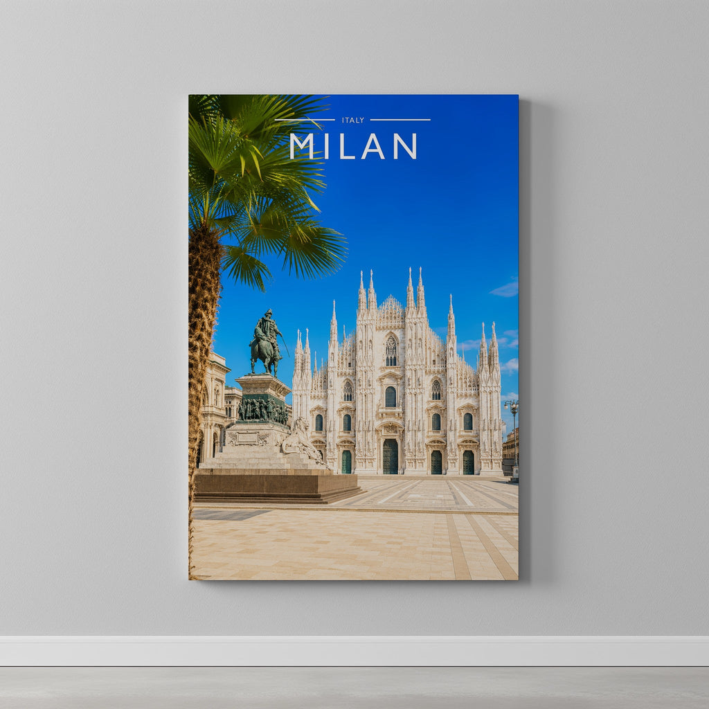 Milan Travel Poster as a gallery-wrapped canvas on a plain wall