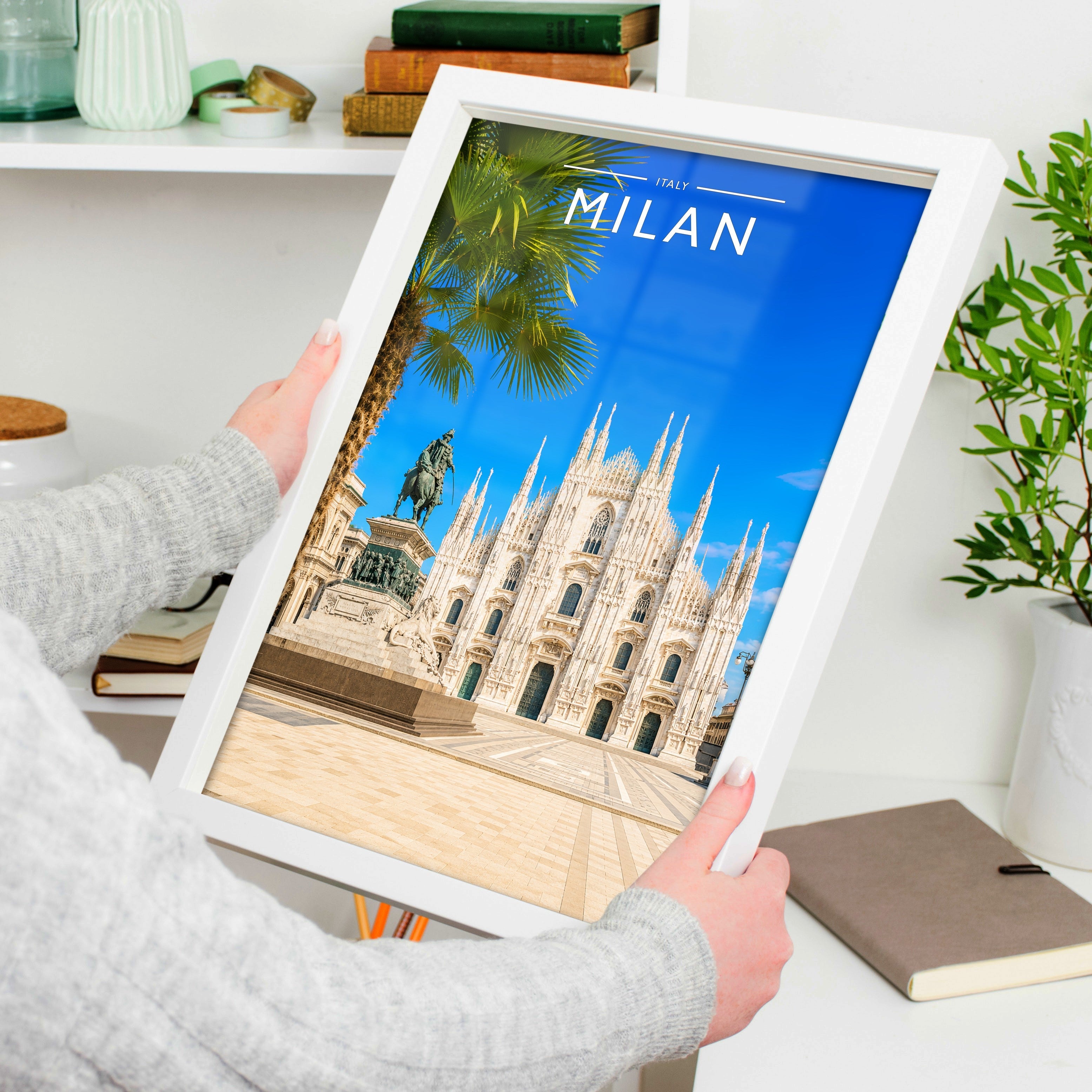 Milan Travel Poster held in a white frame
