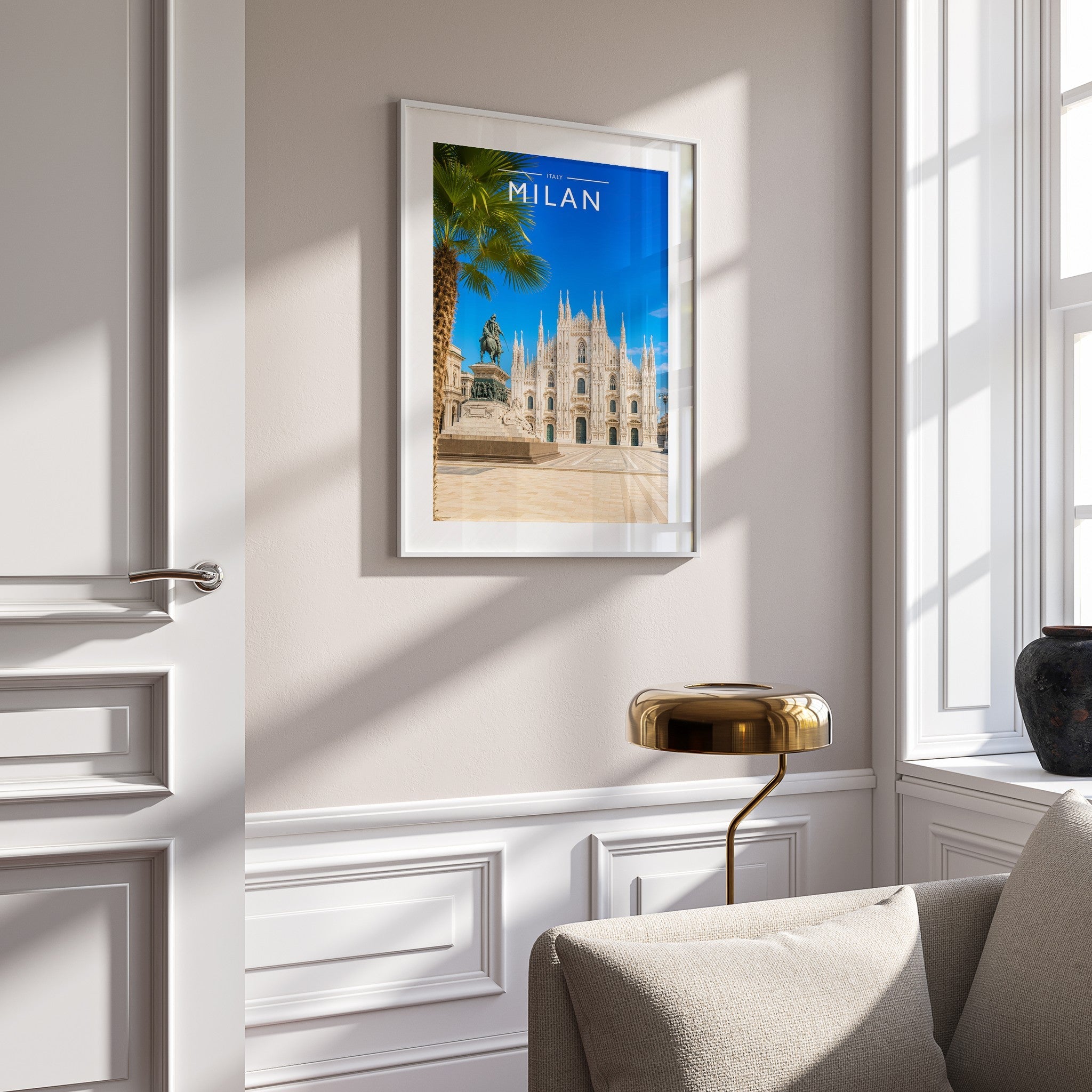 Milan Travel Poster mounted in a white frame