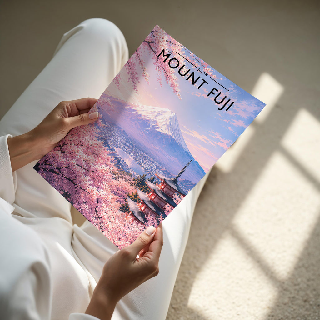Mount Fuji Travel Poster - A4 print held in hand