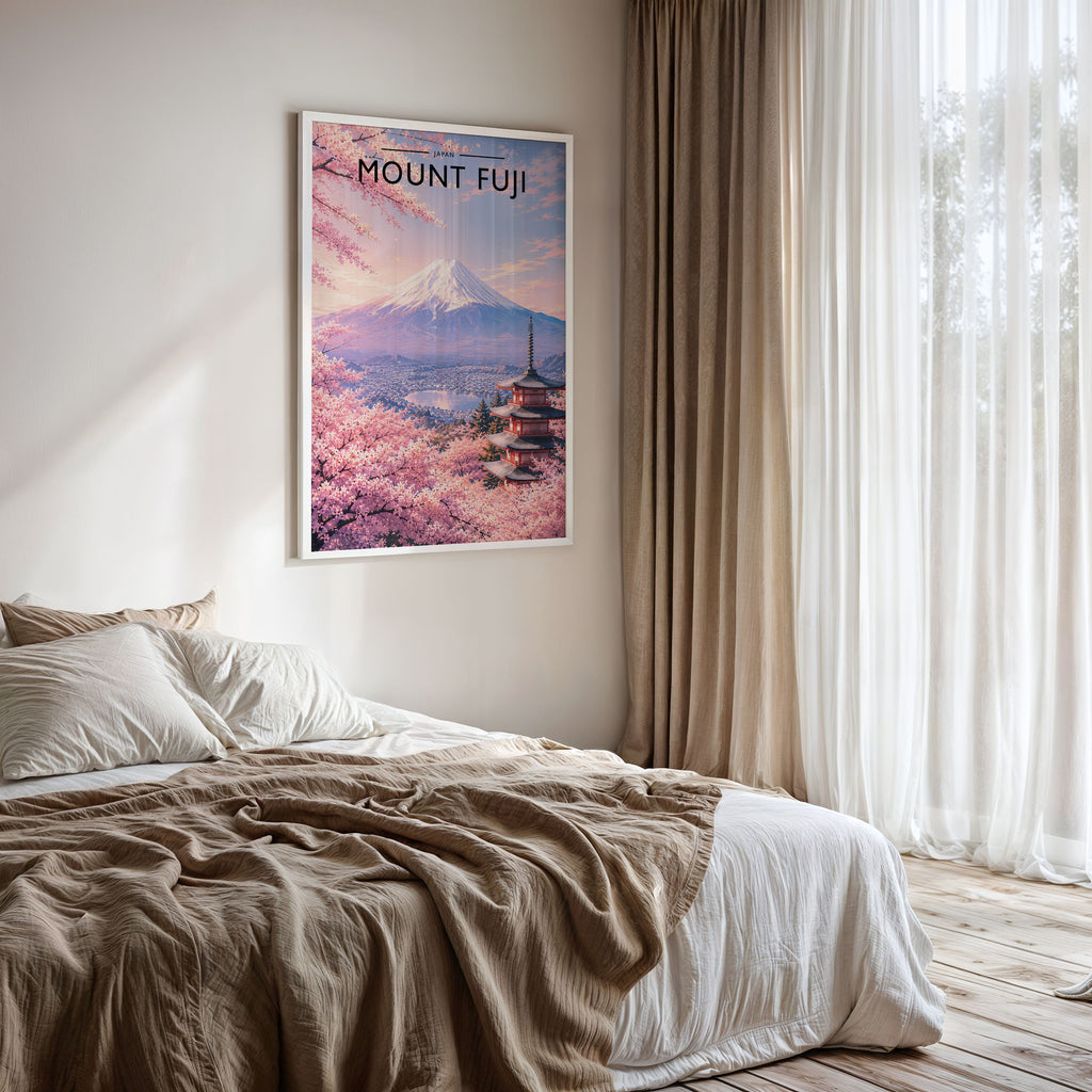 Mount Fuji Travel Poster framed on a bedroom wall