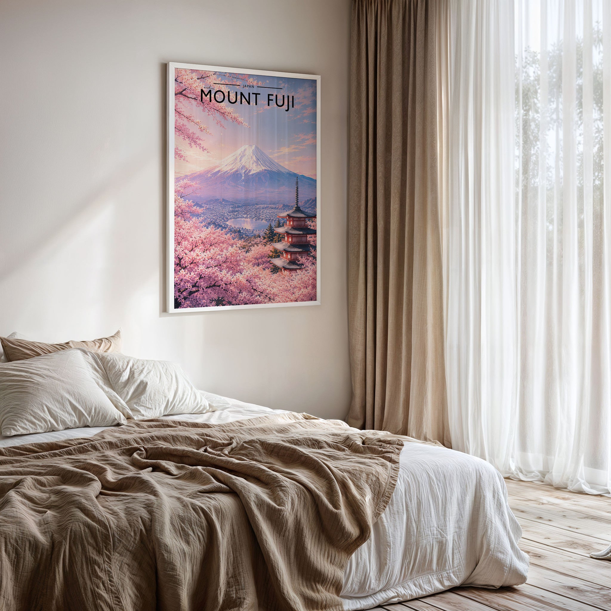 Mount Fuji Travel Poster framed on a bedroom wall