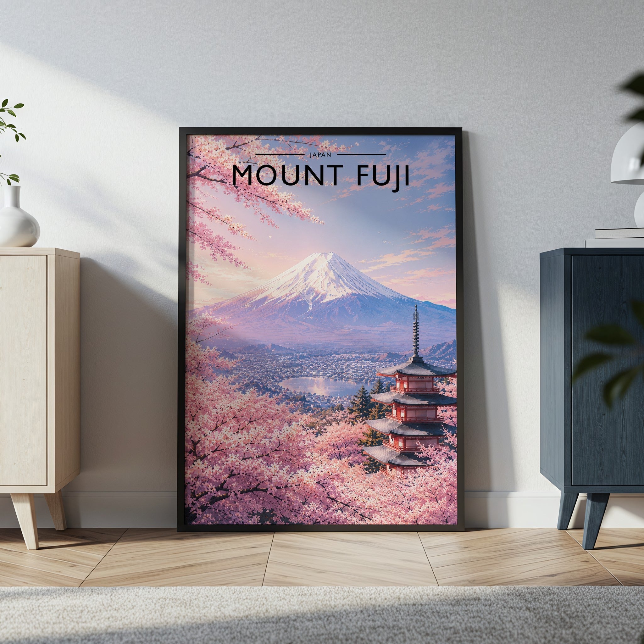 Mount Fuji Travel Poster in a black frame