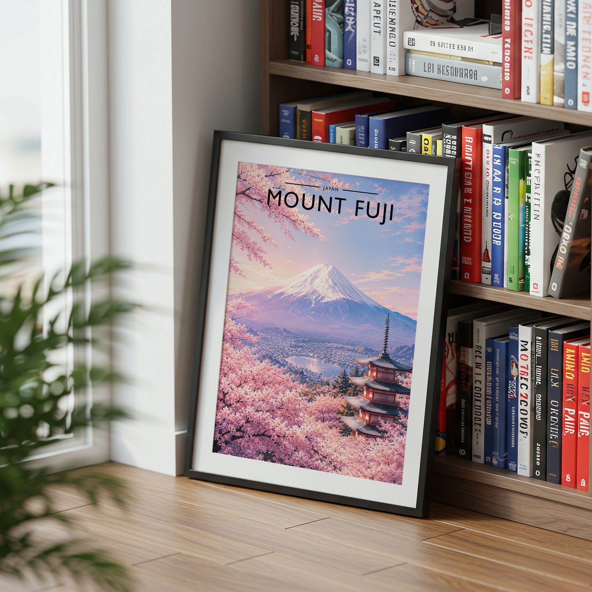 Mount Fuji Travel Poster mounted in a black frame