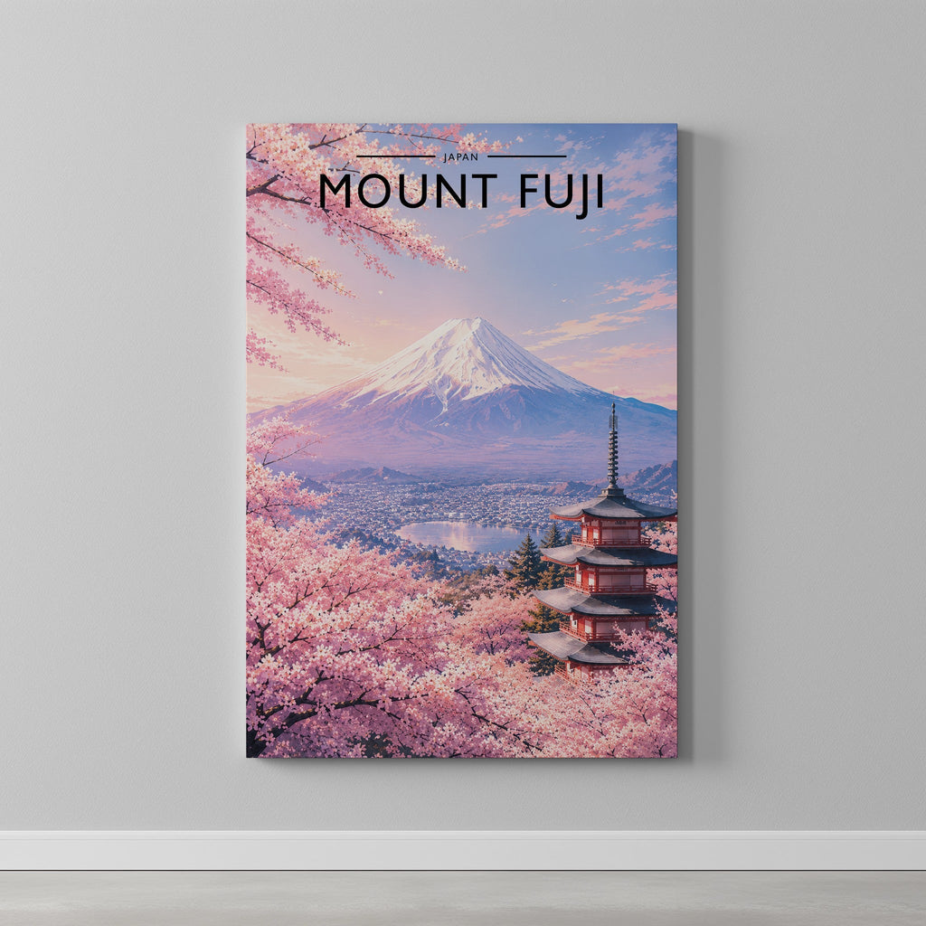 Mount Fuji Travel Poster as a gallery-wrapped canvas on a plain wall