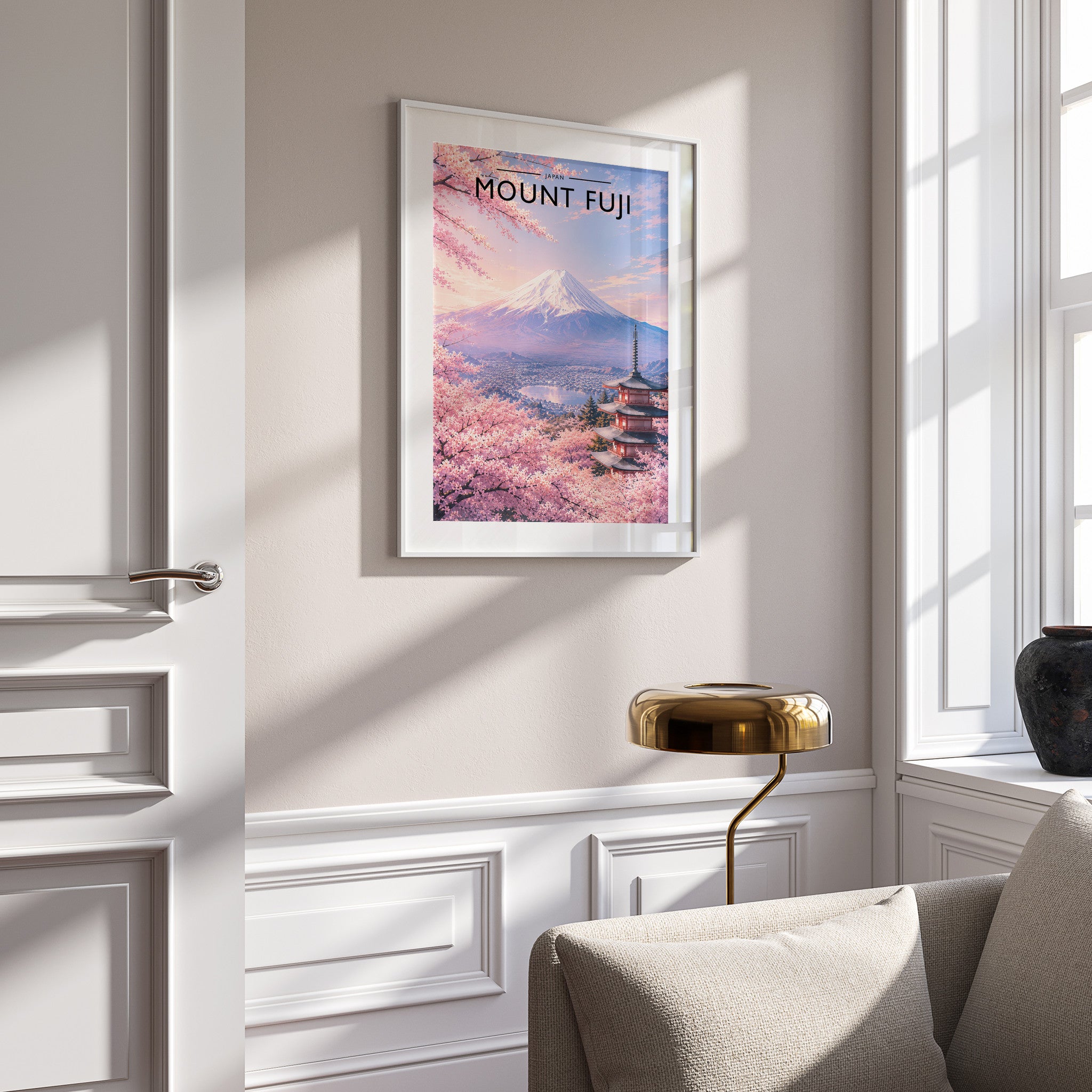 Mount Fuji Travel Poster in a white frame on a panelled wall