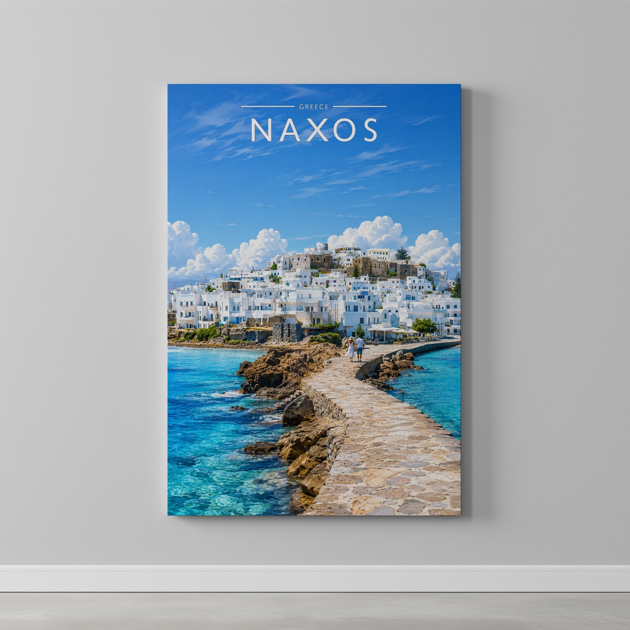 Naxos Travel Poster as a gallery-wrapped canvas on a plain wall